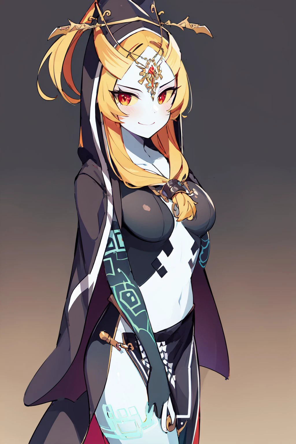 <lora:tloz_midna-10:1>, cowboy shot, solo, 1girl, midnatrue, smile, looking at viewer, long hair, front ponytail, hood, colored sclera, yellow sclera