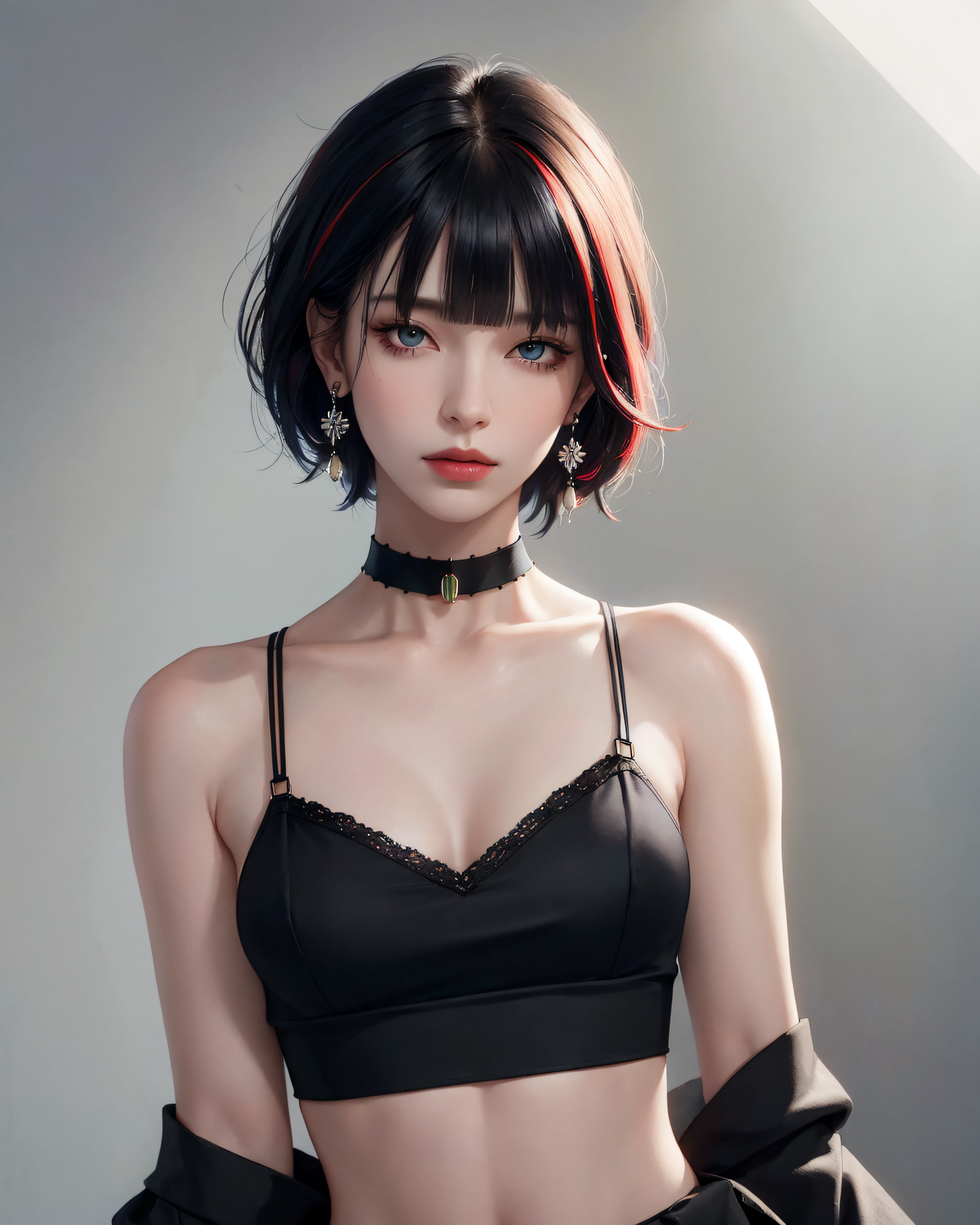 (masterpiece, best quality, 1girl, solo, intricate details, chromatic aberration), (realistic),(skin), ((breath)),(black hair,blunt bangs),detailed hair, red head ornament, blue highlights, hair over one eye,black eyes, small earrings, sharp eyes, choker,((black crop top )),(skirt),open waist,(symmetry eyes),(perfect symmetrical body), night,(((natural light))),backlighting,against grey  wall, dim lighting ,look at viewer,((centered shot, from front,(face and waist)))