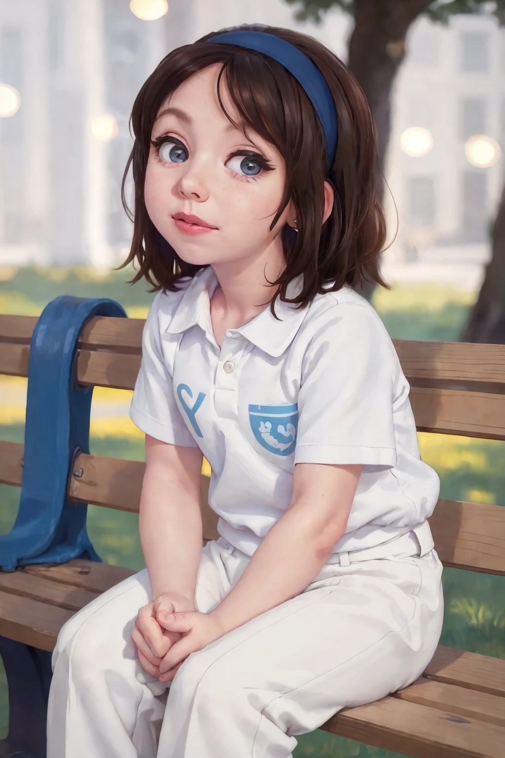 (AS-Younger) flo brunette hair band white shirt pants blue apron sitting on a park bench (masterpiece:1.2) bright morning light (photorealistic:1.2) (bokeh) (best quality) (intricate details) (8k) (cinematic lighting) (sharp focus) <lora:floProgressive_v10:1>