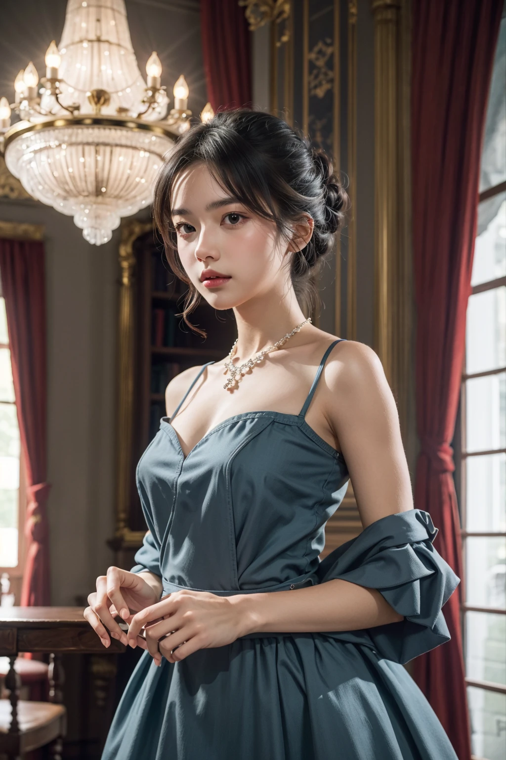 A girl in a modern, elegant ball gown, styled with a sleek updo and minimalist jewelry. She should have a confident, regal expression. The background is a luxurious modern palace, with clean lines, high ceilings, and extravagant chandeliers. The photo should be shot in high definition, with a sharp focus on the subject and a soft, blurred background for a captivating portrait.
 filmg, <lora:FilmG3:0.8>