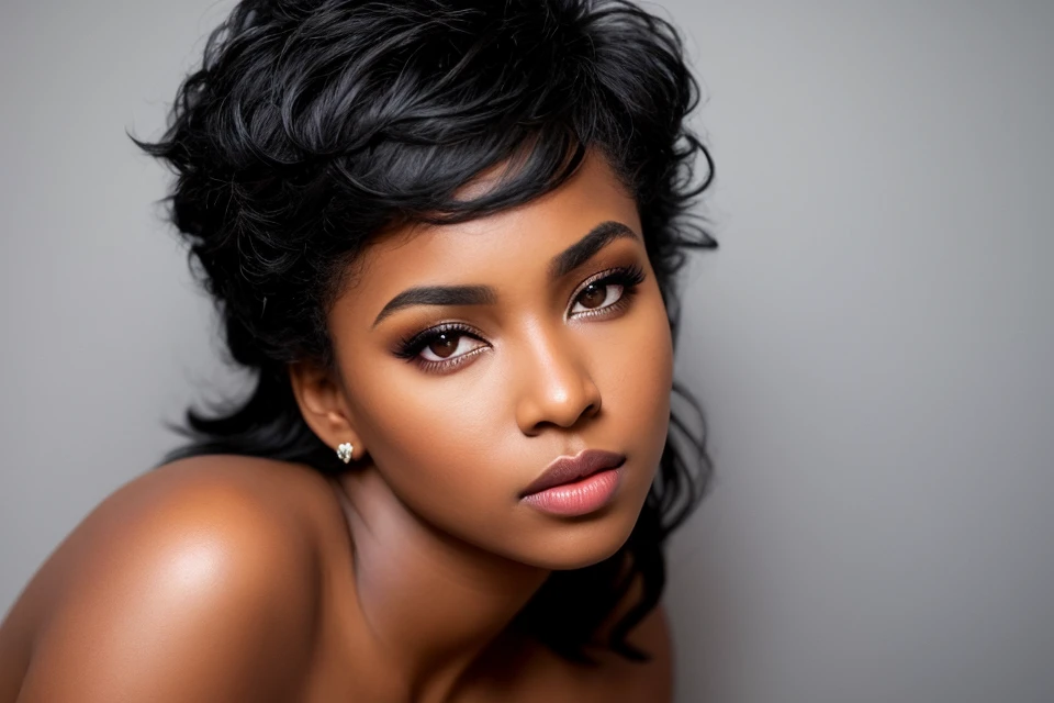 ebony woman, (to8contrast style), (Close-up portrait), open mouth, 8k RAW photo, highest quality, detailed hazel eyes, eye reflection, winged eyeliner, (looking at the viewer:1.3), best shadow, intricate details, interior, (bold hair:1.3), muted colors, high contrast style, glam shot, smoldering, (sultry:1.1), dof, bokeh, intense, languid, tempting, sensual, seductive, longing, yearning, smitten, dark photography studio, minimal lighting, deep shadows, stark contrasts, dramatic highlights, (black backdrop:1.2), dimples, fullness, plumpness, natural blue lips, bold color, alluring, captivating, striking, unforgettable, stunning, breath-taking, timeless beauty. (bare shoulders:1.2), headshot