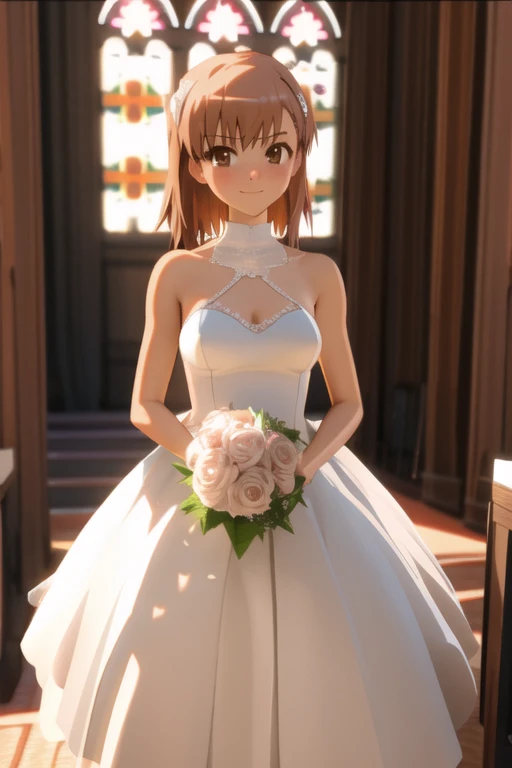 <lora:misaka_mikoto_v18-000003:0.9>, masterpiece, best quality, misaka_mikoto, brown eyes, (((3d))),  closed mouth, blush, smile, bare shoulders, breasts, white dress, wedding dress, holding rose bouquet, church,  cowboy shot