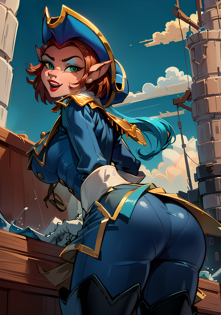 (AmeliaCapWaifu:1), 1girl, curvy, (blue uniform, thighhighs, thigh boots, gloves, hat, epaulettes, pants), looking at viewer, cute pose, smile, :D, (big breasts:1.2),
(masterpiece:1.2), (best quality, highest quality), (ultra detailed), (8k, 4k, intricate),(full-body-shot:1),(Cowboy-shot:1.2), (50mm), (highly detailed:1.2),(detailed face:1.2), detailed_eyes,(gradients),(ambient light:1.3),(cinematic composition:1.3),(HDR:1),Accent Lighting,extremely detailed CG unity 8k wallpaper,original, highres,(perfect_anatomy:1.2), solo, wide shot,
(detailed ladscape, boat, sea:1.2),(detailed background),(dynamic_angle:1.2), (dynamic_pose:1.2), (rule of third_composition:1.3), (dynamic_perspective:1.2), (dynamic_Line_of_action:1.2),
<lora:CaptainAmelia_character-10:1>