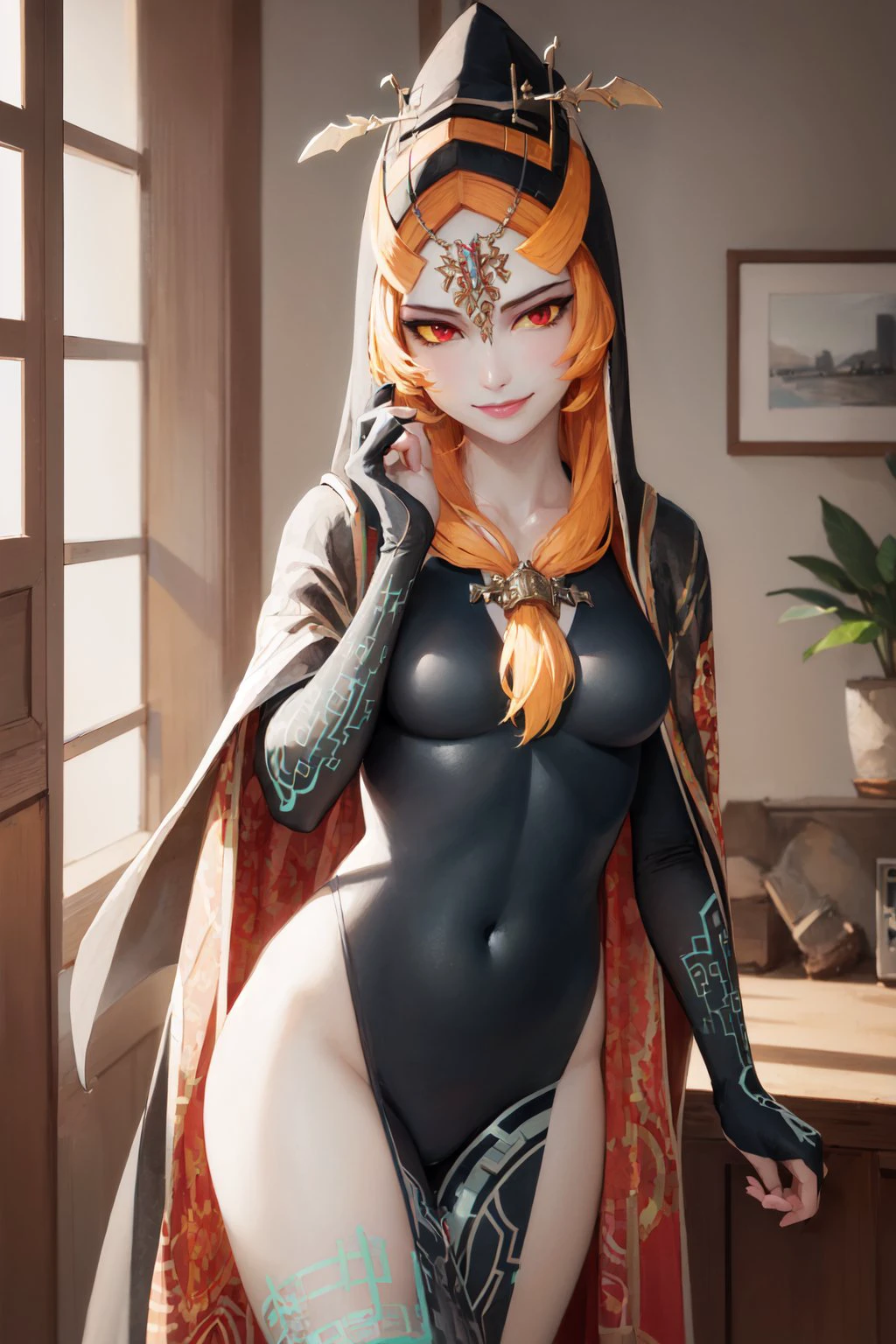 (masterpiece, best quality:1.2), <lora:tloz_midna-10:1>, cowboy shot, solo, 1girl, midnatrue, smile, looking at viewer, hand on own face, long hair, front ponytail, hood, colored sclera, yellow sclera, jewelry