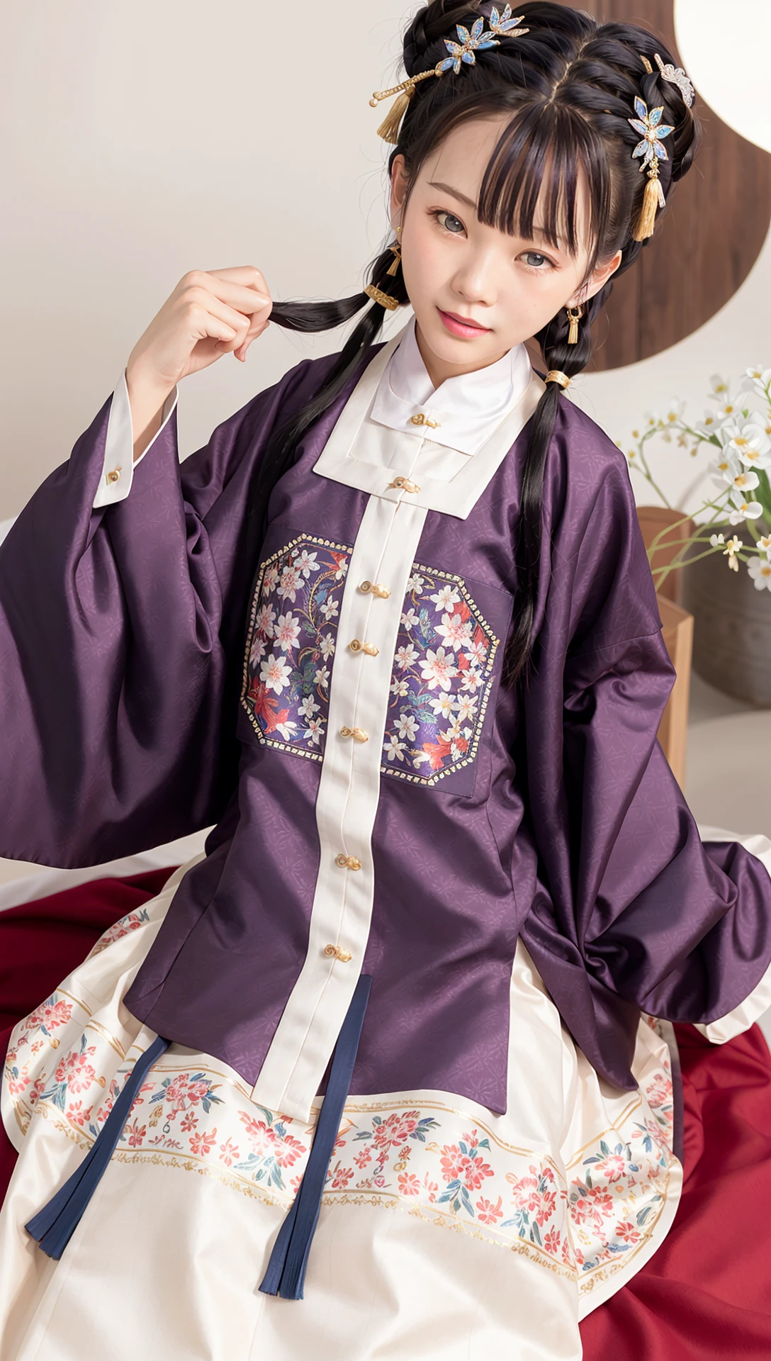 masterpiece, highres, best quality, 1girl, solo, black hair, sitting, looking at viewer, moon, hair ornament, blue eyes, smile, hair bun, full moon, tassel, parted lips, hand up, bangs, long hair, <lora:hanfuMing_v31:0.6>,(hanfu, ming style outfits, purple short coat, white mamian skirt, square collar, overlapping collar)