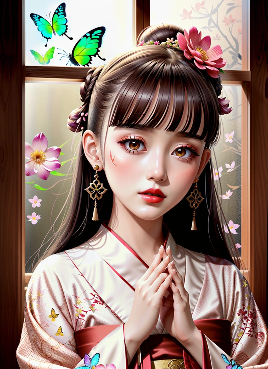 (((masterpiece))), best quality, [ultra detailed|extremely detailed], detailed background, glowing, light particles, light rays, atmospheric lighting, sparkle, 1girl, detailed face, hanfu, hair ornament, flower, long hair, solo, hair flower, holding, long sleeves, black hair, hair bun, wide sleeves, jewelry, earrings, looking at viewer, hands up, red lips, facial mark, makeup, window, lattice, petals, pink flower, butterfly, branch, bug  <lora:effectmaker:3>