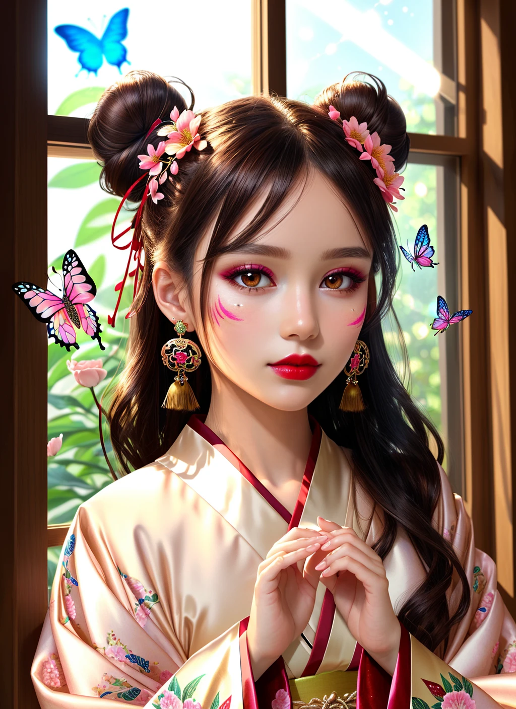 (((masterpiece))), best quality, [ultra detailed|extremely detailed], detailed background, glowing, light particles, light rays, atmospheric lighting, sparkle, 1girl, detailed face, hanfu, hair ornament, flower, long hair, solo, hair flower, holding, long sleeves, black hair, hair bun, wide sleeves, jewelry, earrings, looking at viewer, hands up, red lips, facial mark, makeup, window, lattice, petals, pink flower, butterfly, branch, bug  <lora:effectmaker:3>