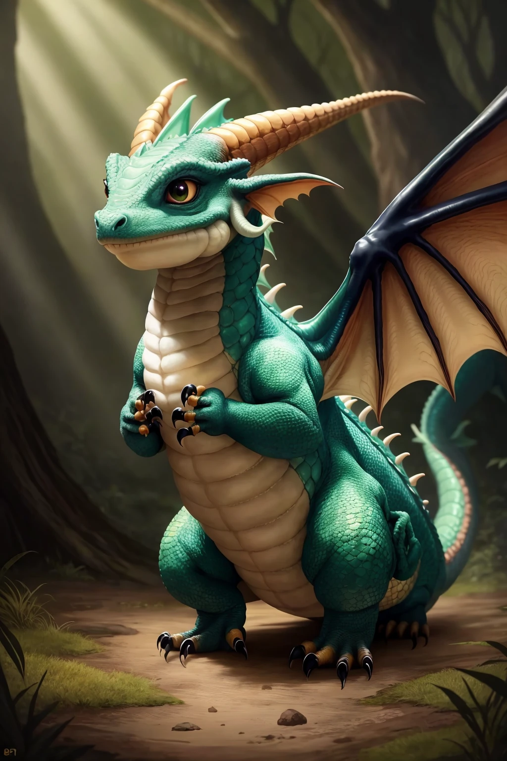 AS-Youngest cute adorable (dragon:1.3) four legs wings tail dark forest, (zrpgstyle) (masterpiece:1.2) (illustration:1.2) (best quality:1.2) (detailed) (intricate) (8k) (HDR) (cinematic lighting) (sharp focus)