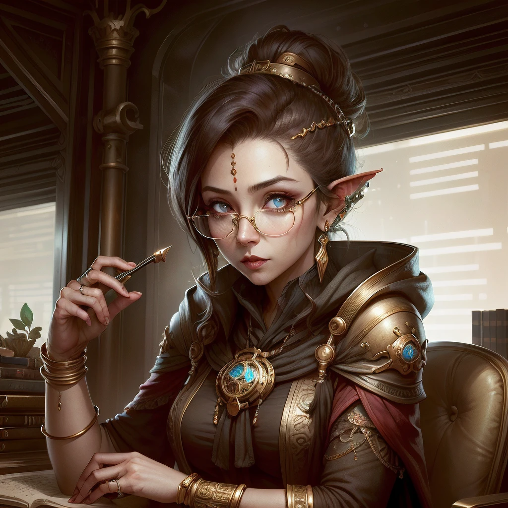 <lora:DwemerTech-21:1>, dwemertech,ancient ,brass ,office lady, , concept art,glasses,