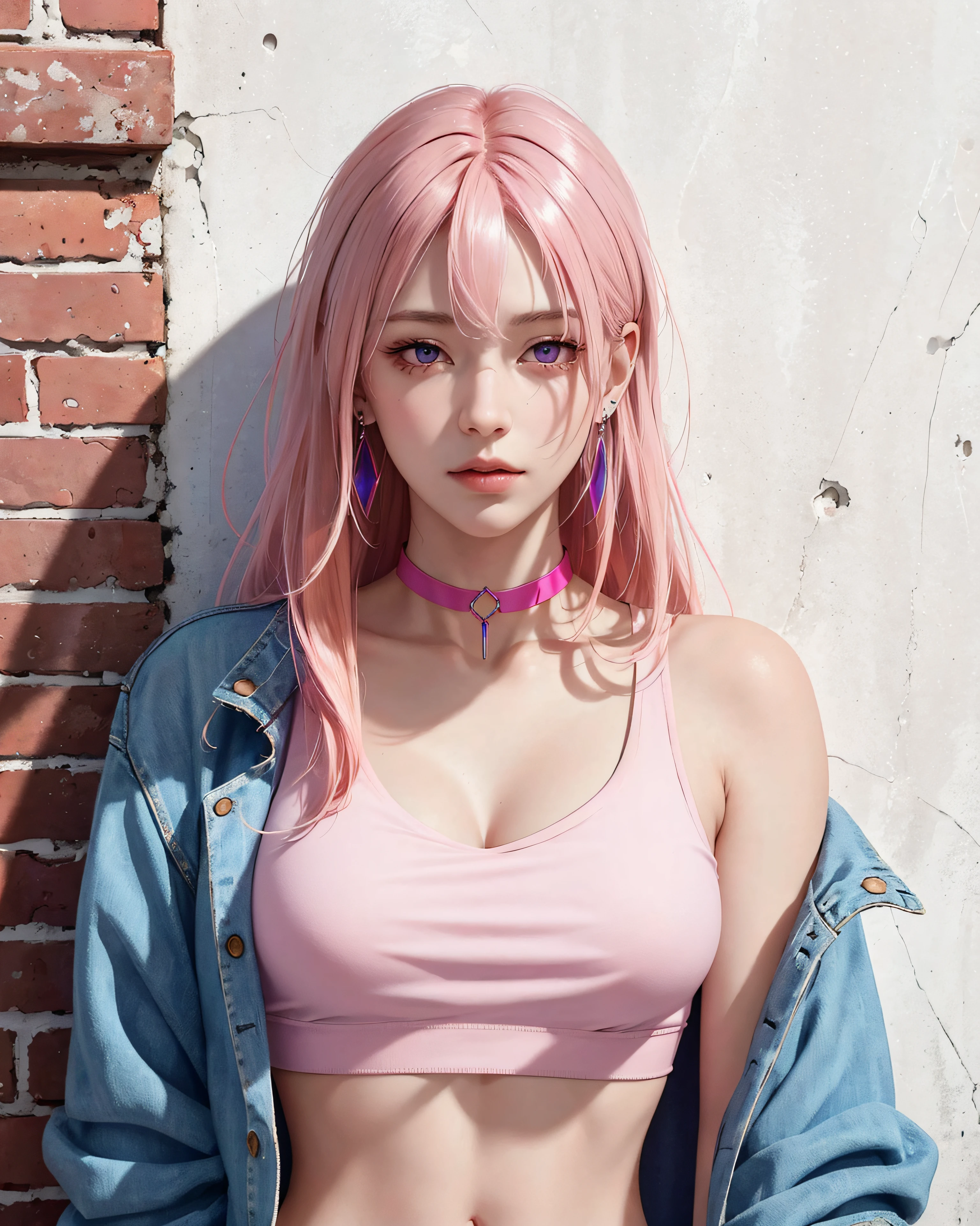 (masterpiece, best quality, 1girl, solo, intricate details, chromatic aberration), realistic, ((medium breath)),long hair, pink hair, red head ornament, pink highlights, hair over one eye,purple eyes, earrings, sharp eyes, choker, neon shirt, open jacket, crop top, (symmetry eyes),(perfect symmetrical body),against wall, brick wall, graffiti, dim lighting, alley ,look at viewer