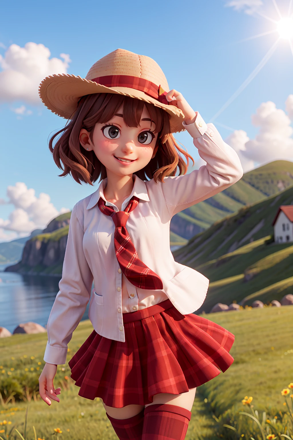 masterpiece, high quality best quality,1girl, bangs, beach, blue_sky, blush, bow, breasts, checkered, checkered_shirt, checkered_skirt, cloud, cloudy_sky, collarbone, day, envelope, giving, grass, hair_bow, heart, holding, holding_letter, horizon, incoming_gift, kazami_yuuka, leaning_forward, lens_flare, letter, light_rays, long_hair, looking_at_viewer, love_letter, mountain, mountainous_horizon, ocean, outdoors, plaid, plaid_background, plaid_bikini, plaid_bow, plaid_bowtie, plaid_bra, plaid_dress, plaid_headwear, plaid_jacket, plaid_legwear, plaid_necktie, plaid_neckwear, plaid_panties, plaid_pants, plaid_ribbon, plaid_scarf, plaid_shirt, plaid_skirt, plaid_vest, pov, shirt, skirt, sky, smile, solo, sun, sunbeam, sunlight, tree, unmoving_pattern