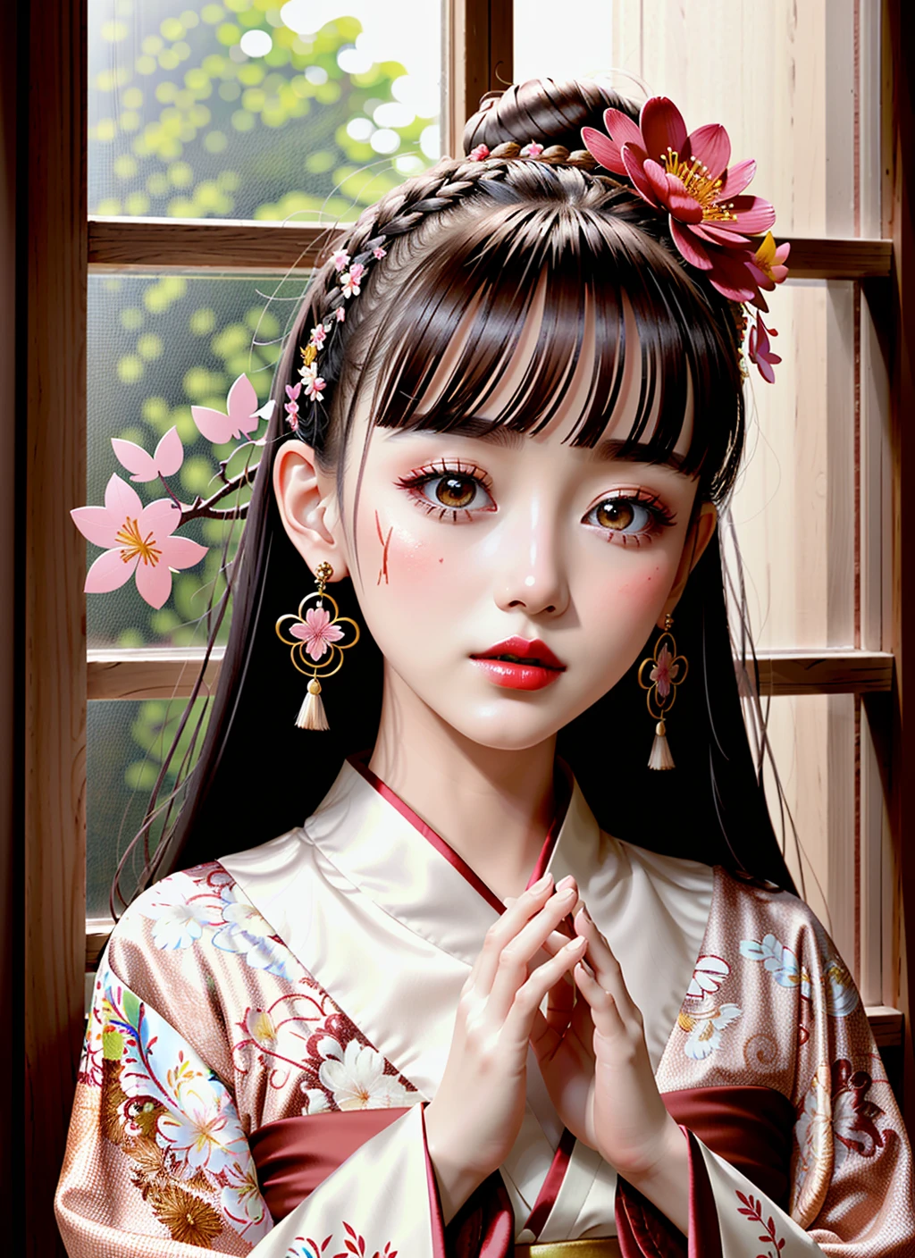 (((masterpiece))), best quality, [ultra detailed|extremely detailed], detailed background, glowing, light particles, light rays, atmospheric lighting, sparkle, 1girl, detailed face, hanfu, hair ornament, flower, long hair, solo, hair flower, holding, long sleeves, black hair, hair bun, wide sleeves, jewelry, earrings, looking at viewer, hands up, red lips, facial mark, makeup, window, lattice, petals, pink flower, butterfly, branch, bug  <lora:effectmaker:3>