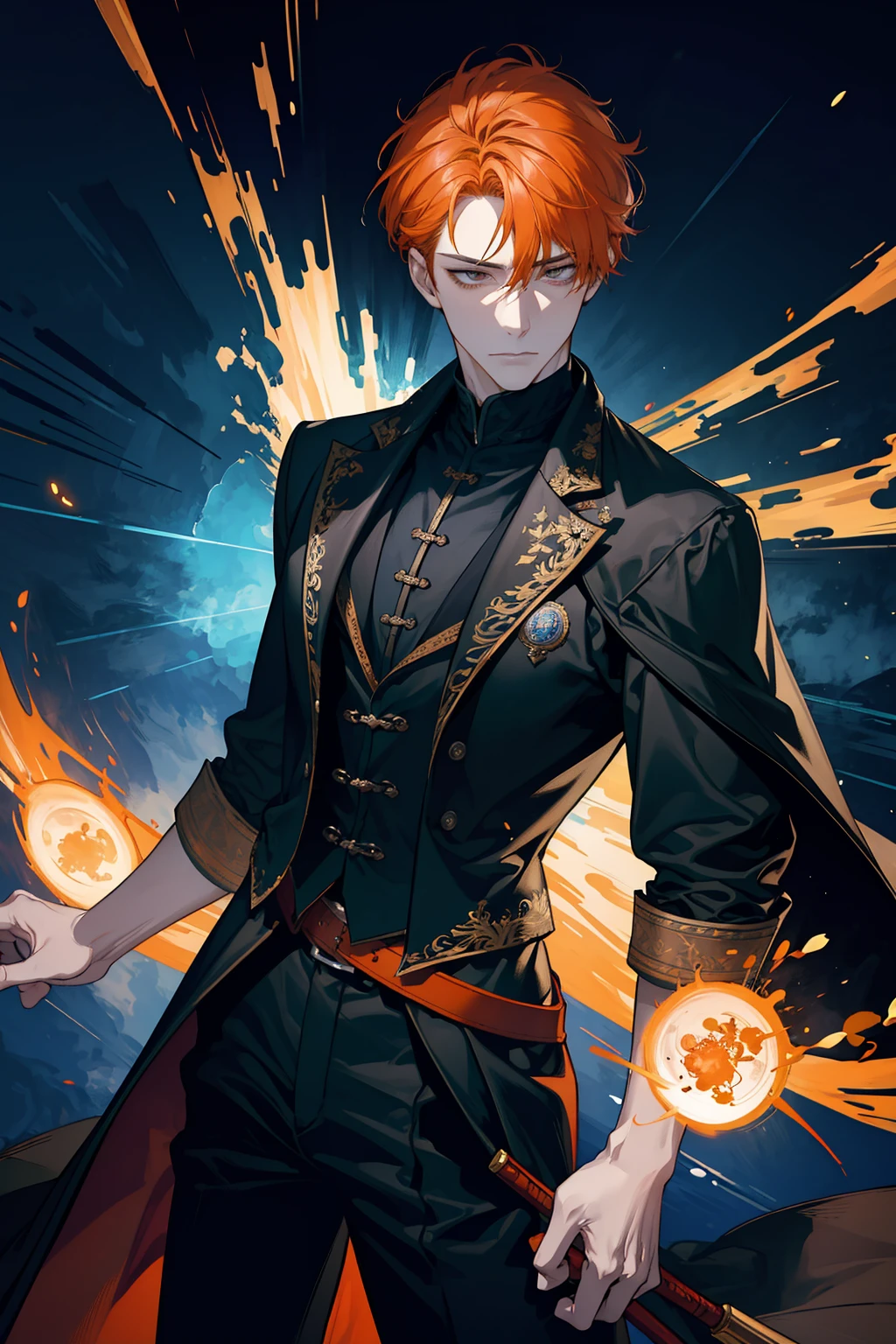 (absurdres, highres, ultra detailed), 1 male, adult, handsome, (orange hair), tall muscular guy, broad shoulders, finely detailed eyes, portrait, looking at viewer, solo, half shot, detailed background, close up, aggressive expression, doctor strange outfit, flying, sky, hair blowing in the wind, electric sparks, explosions, battle scene, majestic atmosphere,, (dutch angle), closed mouth, cowboy shot