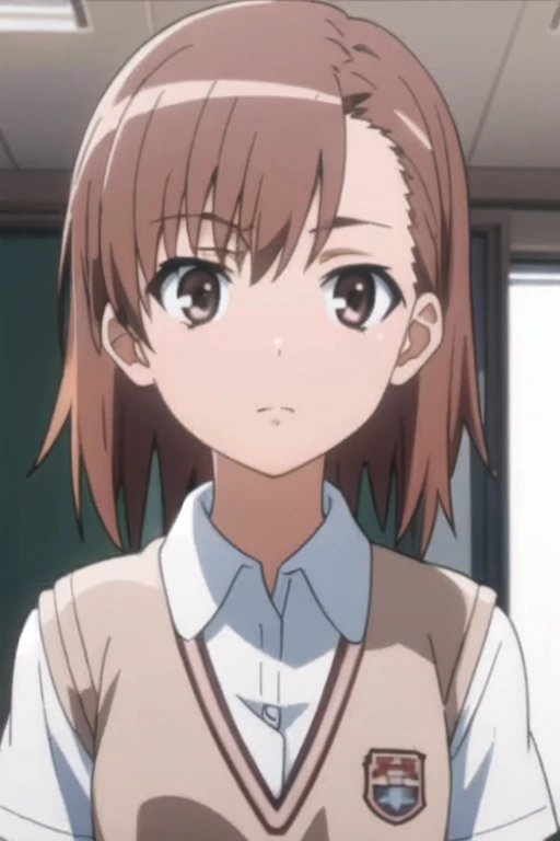 <lora:misaka_mikoto_v18-000003:0.8>, masterpiece, best quality, misaka_mikoto, brown eyes, short_hair, small_breast, looking at viewer, solo, closed_mouth, collared_shirt, school_uniform, shirt, white_shirt, classroom