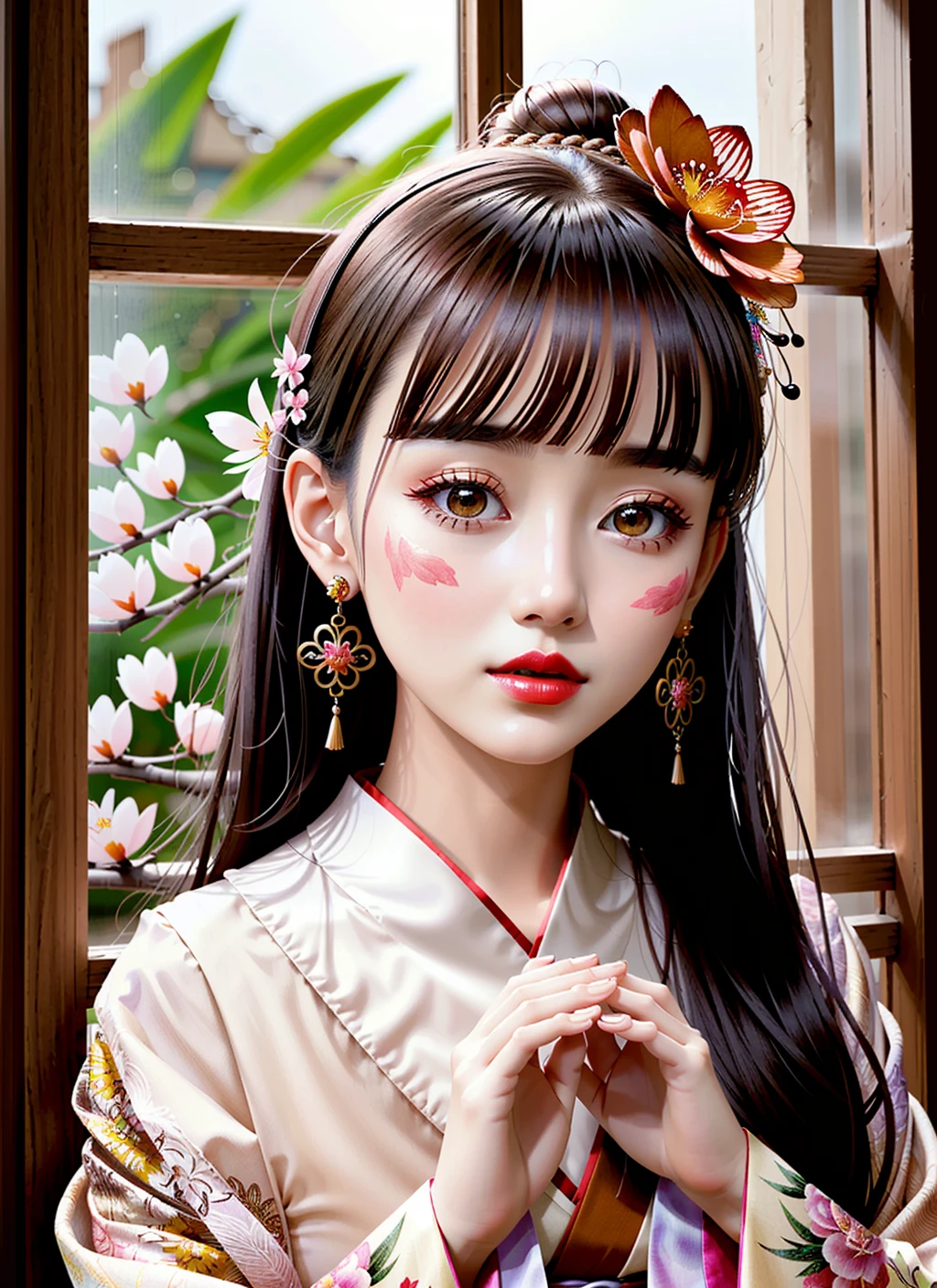 (((masterpiece))), best quality, [ultra detailed|extremely detailed], detailed background, glowing, light particles, light rays, atmospheric lighting, sparkle, 1girl, detailed face, hanfu, hair ornament, flower, long hair, solo, hair flower, holding, long sleeves, black hair, hair bun, wide sleeves, jewelry, earrings, looking at viewer, hands up, red lips, facial mark, makeup, window, lattice, petals, pink flower, butterfly, branch, bug  <lora:effectmaker:3>