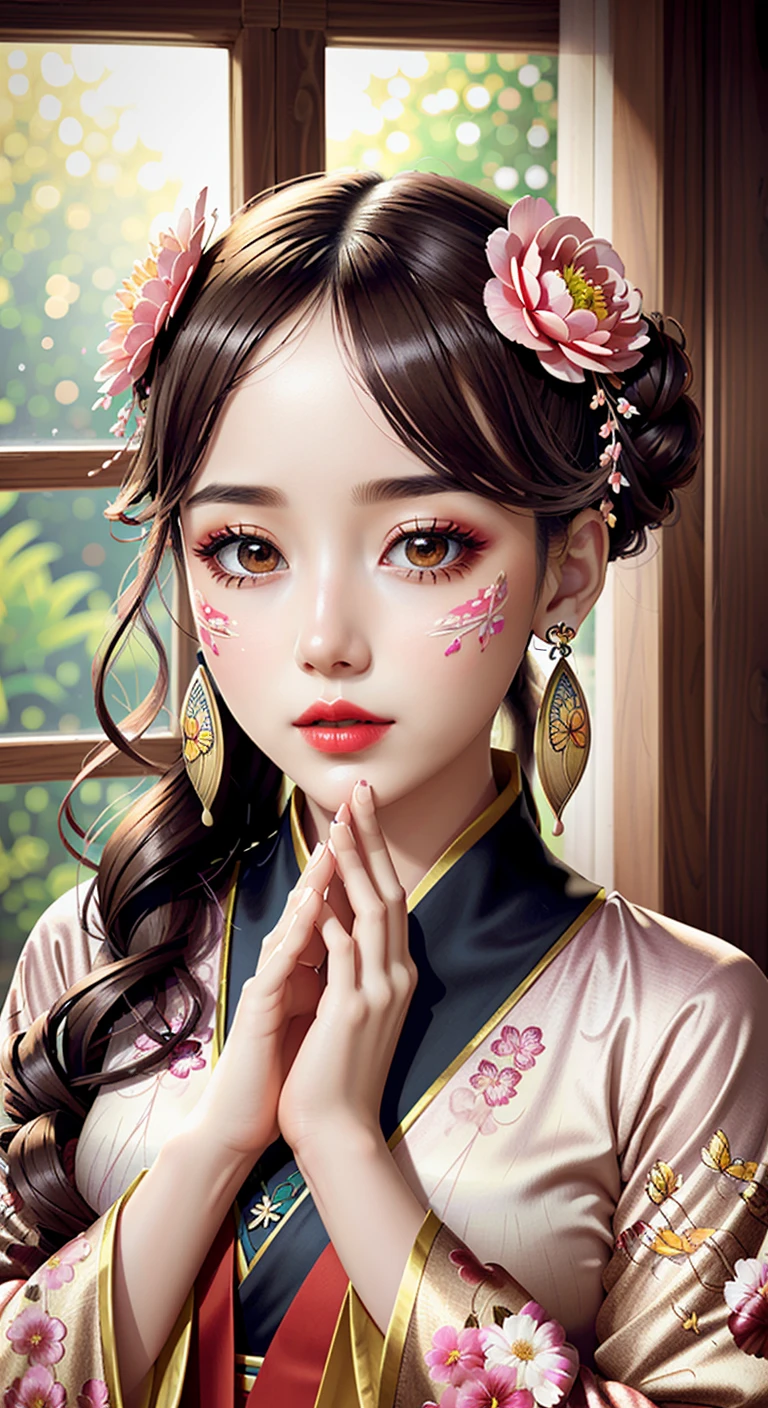(((masterpiece))), best quality, [ultra detailed|extremely detailed], detailed background, glowing, light particles, light rays, atmospheric lighting, sparkle, 1girl, detailed face, hanfu, hair ornament, flower, long hair, solo, hair flower, holding, long sleeves, black hair, hair bun, wide sleeves, jewelry, earrings, looking at viewer, hands up, red lips, facial mark, makeup, window, lattice, petals, pink flower, butterfly, branch, bug