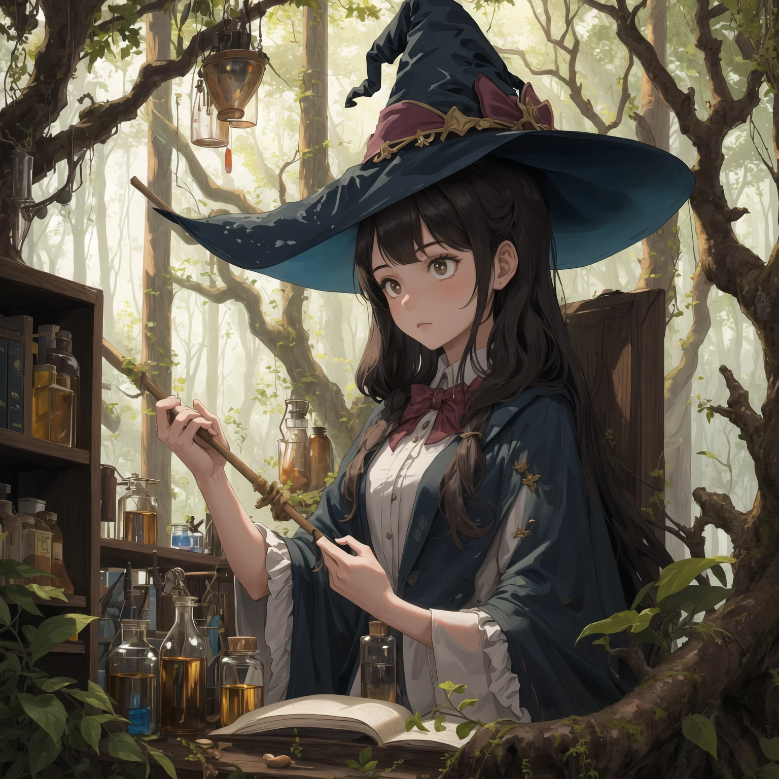 masterpiece,best quality,1girl,witch,nature,laboratory in a tree,cluttered,shelves,mysterious