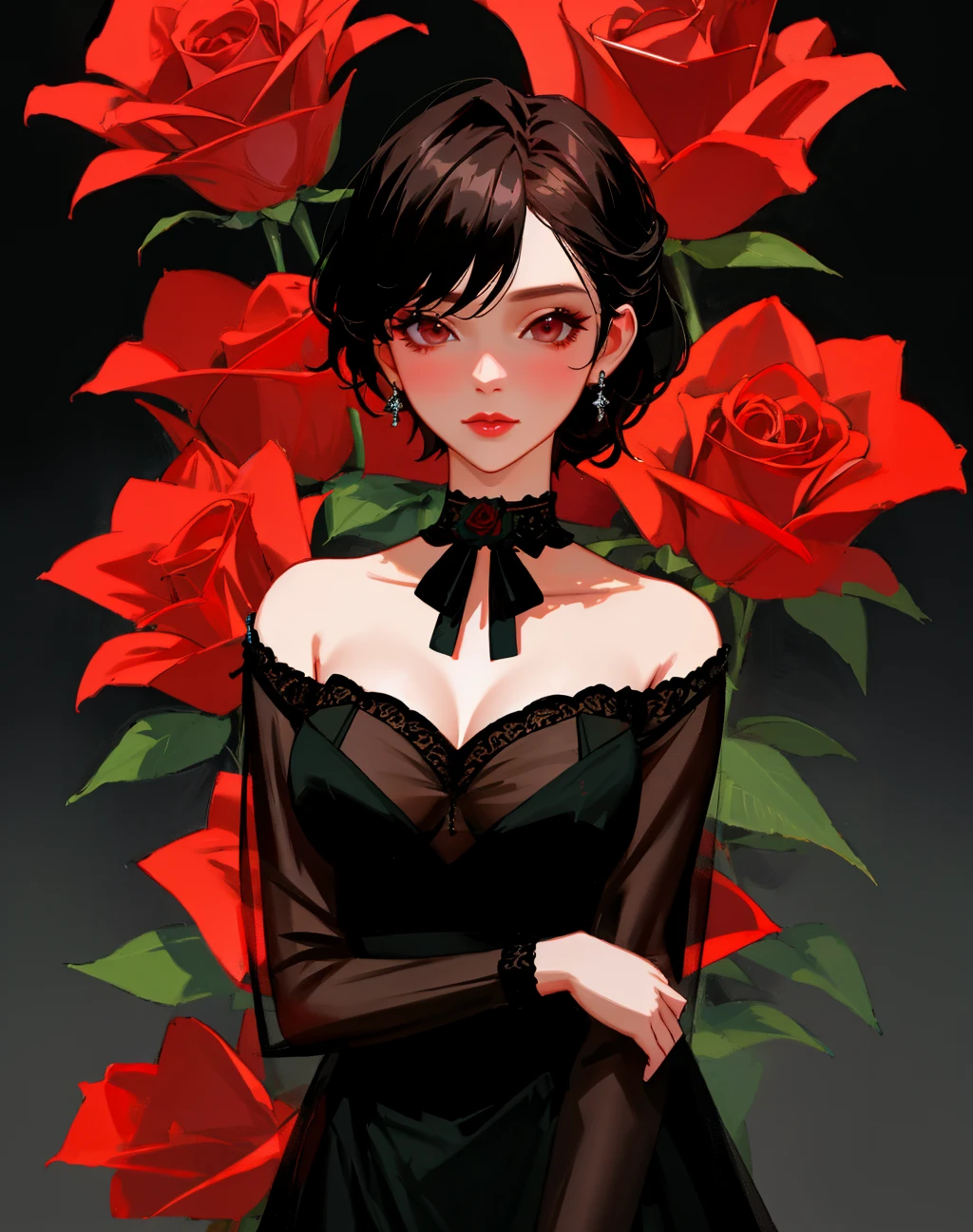 4K, Masterpiece, highres, absurdres,photorealistic, edg_choker, a woman wearing a black dress and a red rose choker , edg_choker around the neck,cowboy shot, <lora:edg_choker:0.7>