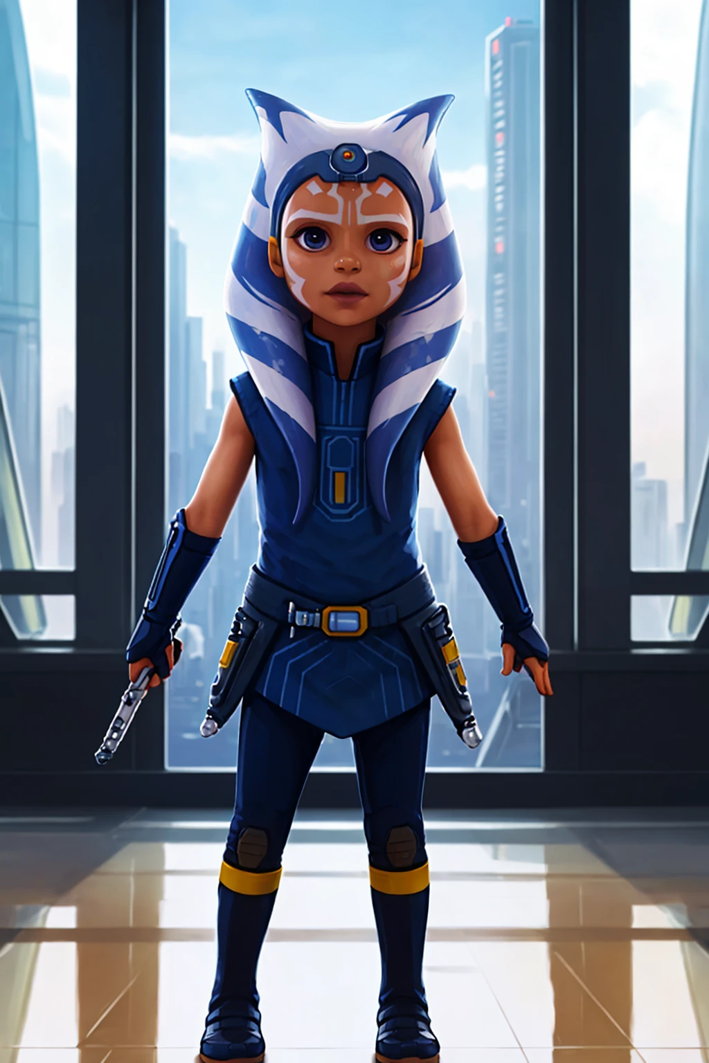 (AS-Younger) jedi warrior ahsoka tano, walking sidewalk scifi city (masterpiece:1.2) bright morning light coming through window (photorealistic:1.2) (bokeh) (best quality) (detailed skin:1.3) (intricate details) (8k) (cinematic lighting) (sharp focus) <lora:ahsokaTanoLora_v34:0.7>
