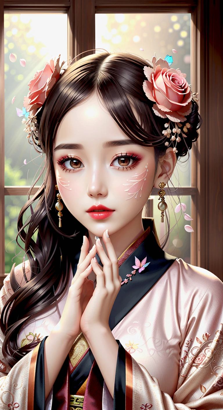 (((masterpiece))), best quality, [ultra detailed|extremely detailed], detailed background, glowing, light particles, light rays, atmospheric lighting, sparkle, 1girl, detailed face, hanfu, hair ornament, flower, long hair, solo, hair flower, holding, long sleeves, black hair, hair bun, wide sleeves, jewelry, earrings, looking at viewer, hands up, red lips, facial mark, makeup, window, lattice, petals, pink flower, butterfly, branch, bug