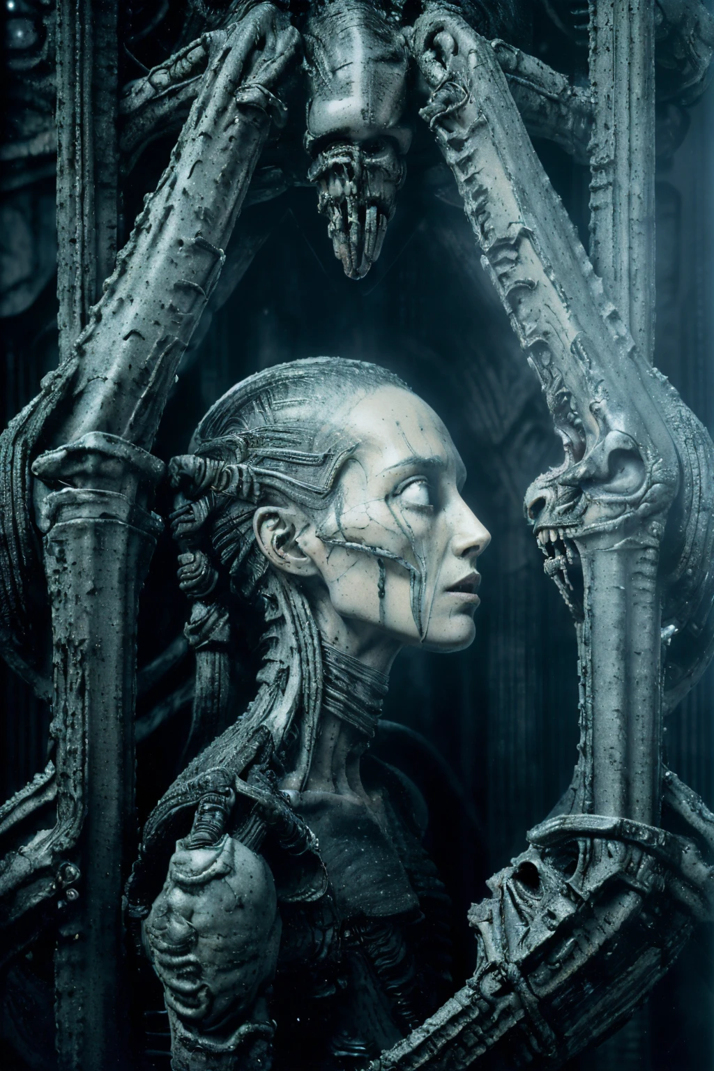 portrait of alien licking Winona Ryder,
((masterpiece),(best quality),(ultra-detailed),
fantasy, sci-fi, horror, , aliens, sad face,
realistic, hrgiger hnsrdlf style intricate biomechanical detail
masterpiece, , dark room, dim light , front view,(( photorealistic, 1970s film, 35mm, film grains ))
<lora:epiNoiseoffset_v2:1> <lora:hrgiger2x_8:0.5> <lora:Biomechanicals_v2_lora1500:0.6>
