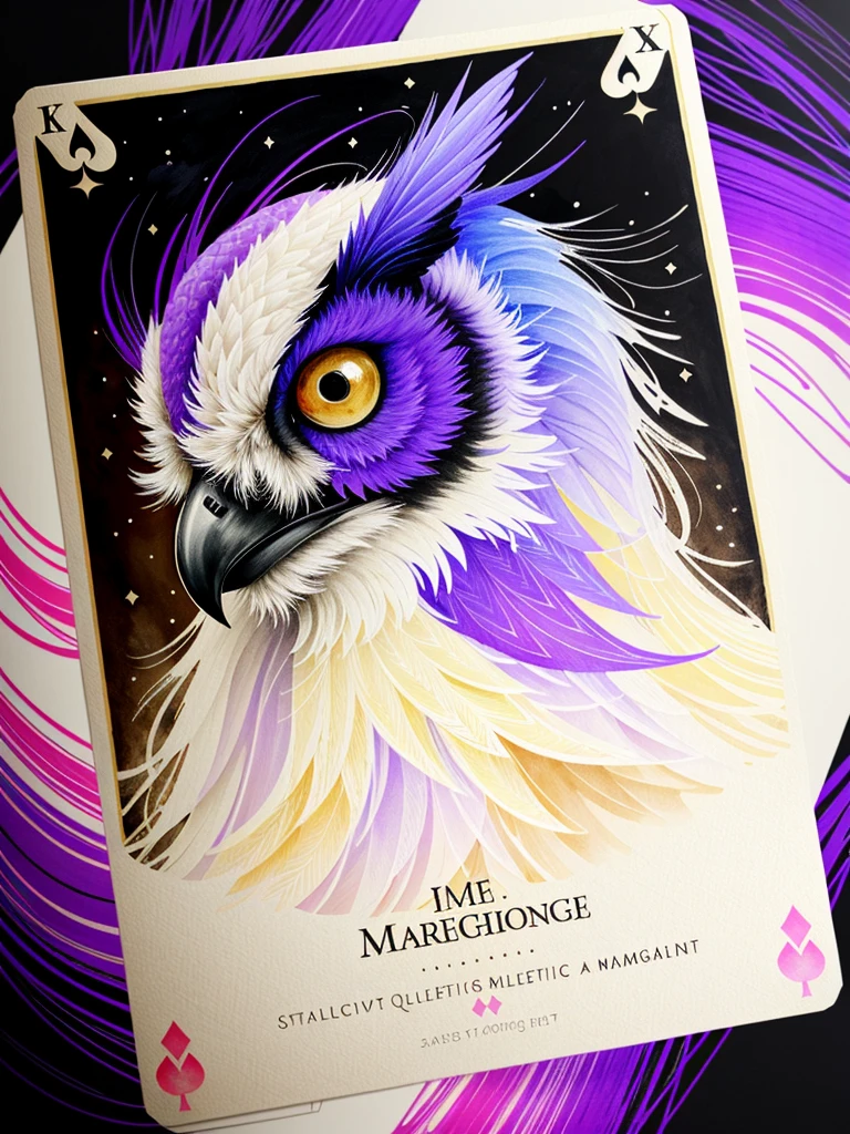 epic owl, no_human, bird, magestic, peaceful, (masterful_playing_card_border:1.5), random Colorful art, oil painting, random colors, light purple and violet additions, light red additions, intricate detail, splash screen, 8k resolution, masterpiece, artstation digital painting smooth veryBlack ink flow: 8k resolution photorealistic masterpiece: intricately detailed fluid gouache painting: by Jean Baptiste Mongue: calligraphy: acrylic: watercolor art, professional photography, natural lighting, volumetric lighting maximalist photoillustration: by marton bobzert:, complex, elegant, expansive, fantastical, vibrant, Best quality details, realistic, High definition, High quality texture, epic lighting, Cinematic film still, 8k, soft lighting