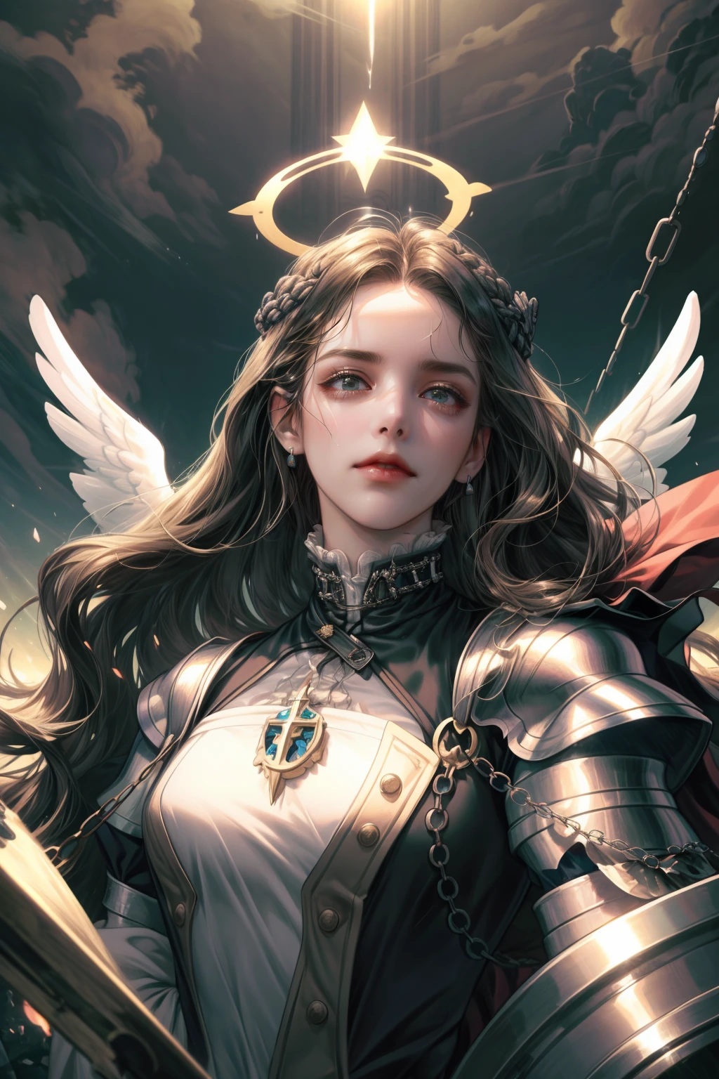 (absurdres, highres, ultra detailed), (1girl), solo, mature, aged up, (wavy long hair:1.3), portrait, looking at viewer, solo, (full body:0.6), detailed background, (victorian theme:1.1), angelic face, divine fury, holy avenger, dim lighting, floating pebbles, color chain mail, divine aura, bright realistic lighting, abandoned ruins, peaceful atmosphere, halo above head, coat of arms, tabard, brazier, hair blowing in wind,, dutch angle