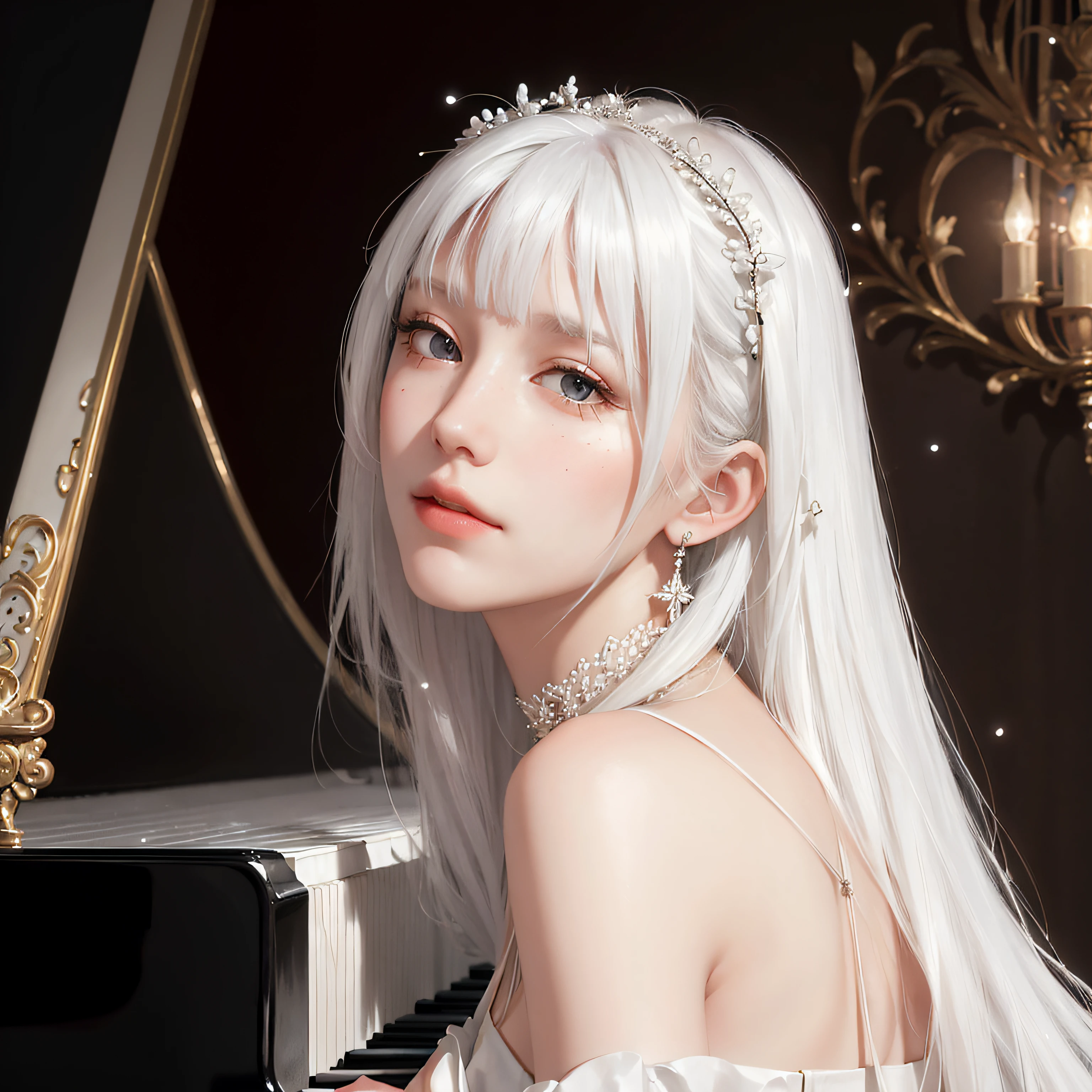 <(realistic:1.4), (extremely intricate:1.2)>, 1girl, solo, long hair, piano, instrument, black eyes, dress, white dress, white hair, looking at viewer, light particles, closed mouth, indoors, jewelry, sleeveless, bare shoulders, bangs, from side, head rest on piano, head tilt,perfect symmetrical body