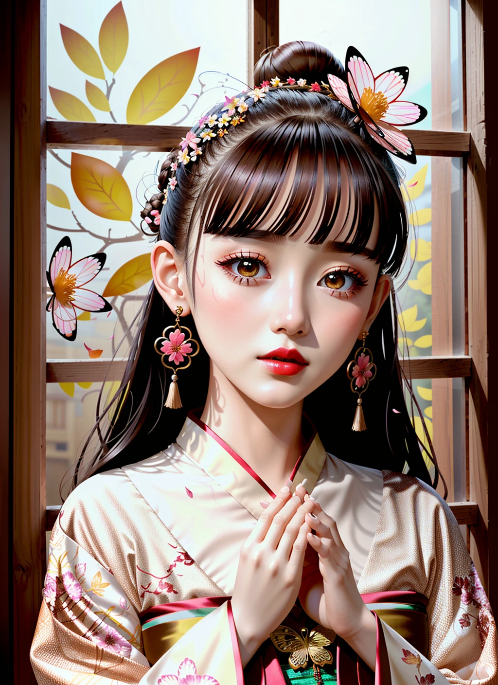 (((masterpiece))), best quality, [ultra detailed|extremely detailed], detailed background, glowing, light particles, light rays, atmospheric lighting, sparkle, 1girl, detailed face, hanfu, hair ornament, flower, long hair, solo, hair flower, holding, long sleeves, black hair, hair bun, wide sleeves, jewelry, earrings, looking at viewer, hands up, red lips, facial mark, makeup, window, lattice, petals, pink flower, butterfly, branch, bug  <lora:effectmaker:3>
