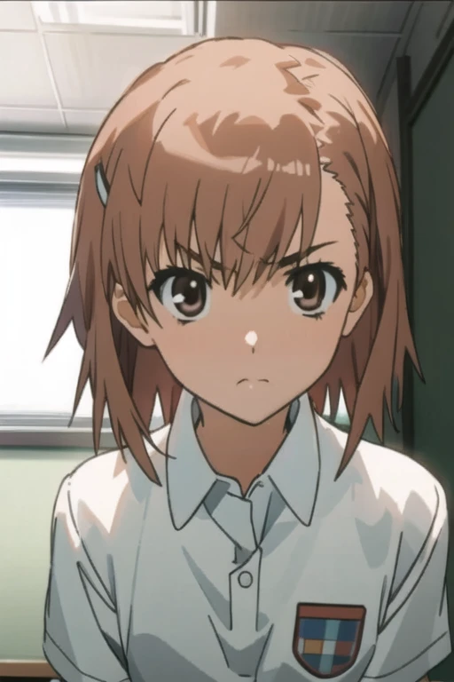 <lora:misaka_mikoto_v18-000003:0.9>, masterpiece, best quality, misaka_mikoto, brown eyes, looking at viewer, solo, short_hair, closed_mouth, collared_shirt, looking_at_viewer, school_uniform, shirt, white_shirt, small_breast, classroom