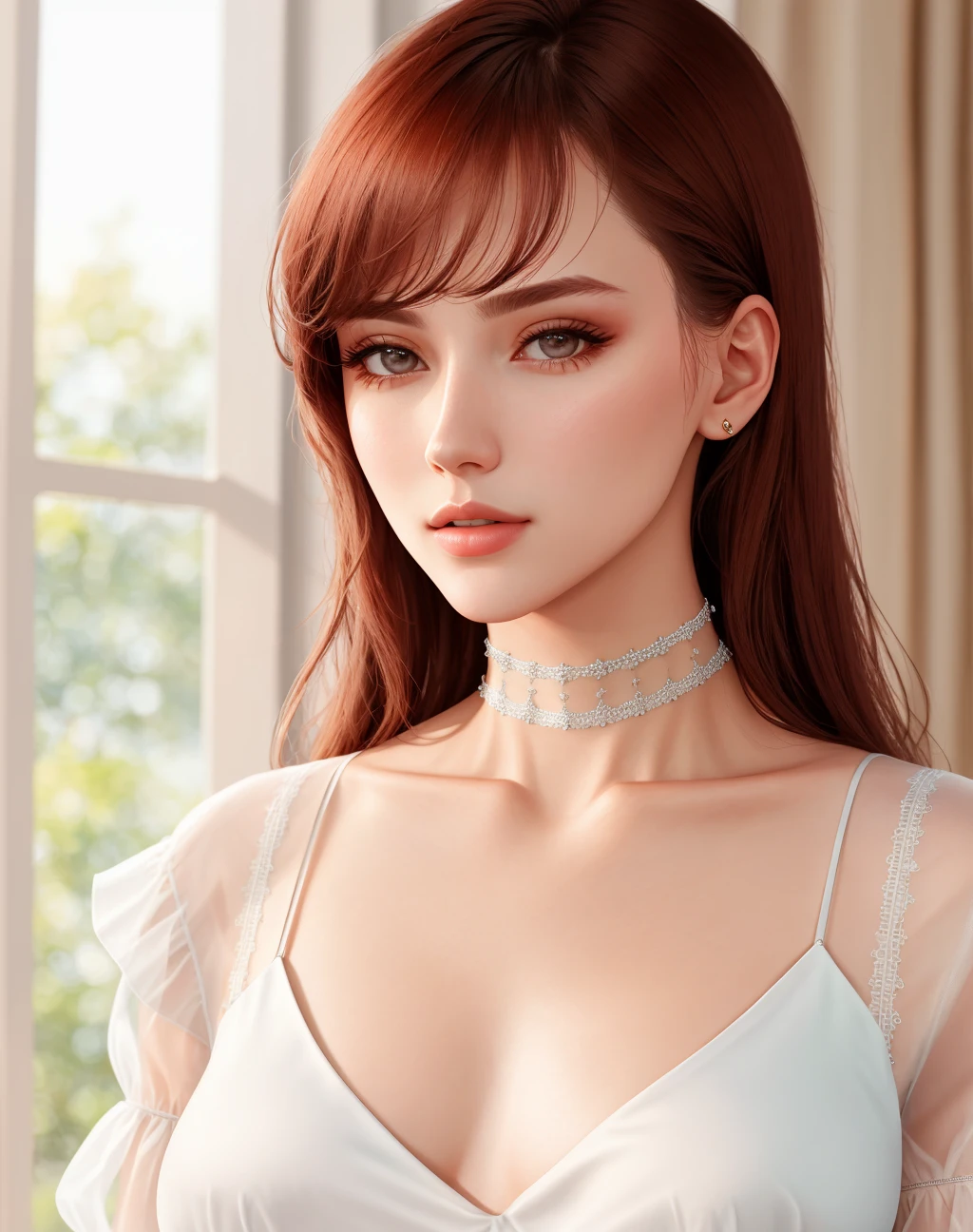 4K, Masterpiece, highres, absurdres,photorealistic, edg_choker, a woman wearing a white top , edg_choker around the neck,cowboy shot, <lora:edg_choker:0.7>