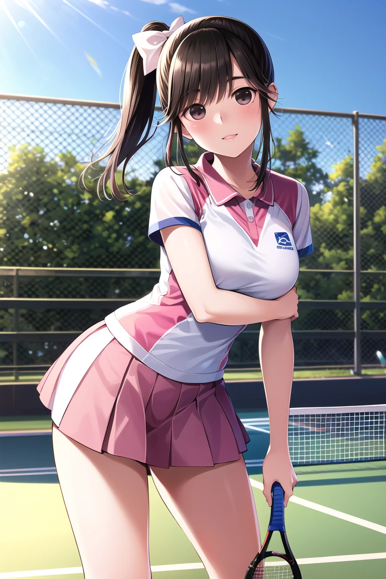 ((Tabletop, Highest quality, High resolution, Hmph, Pixel perfect,  4K, Hmph, Hmph))), 1 Girl, single, alone, Beautiful woman、I could see the whole body、I can see your butt、Her butt is facing me、 ((Short Wavy Hair, bangs, Brown Hair)), ((Brown eyes, Beautiful eyelashes, Realistic eyes)), ((Detailed face, blush:1.2)), ((Smooth texture:0.75, Realistic texture:0.65, Realistic:1.1, Anime CG Style)), Medium chest, Dynamic Angle, Perfect body,  ((White tennis wear、White short sleeve shirt with collar、Pink ruffle skirt、White tennis shoes、The wind blows up my skirt))、Tennis court、、Very embarrassing panic smile、、、See-through bra、