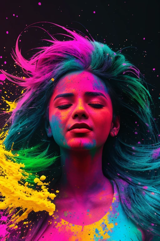 Holi Festival in the Clouds with a big color explosion. Neon Playtoon Style, red backdrop, Artstation, Cinematic Lighting