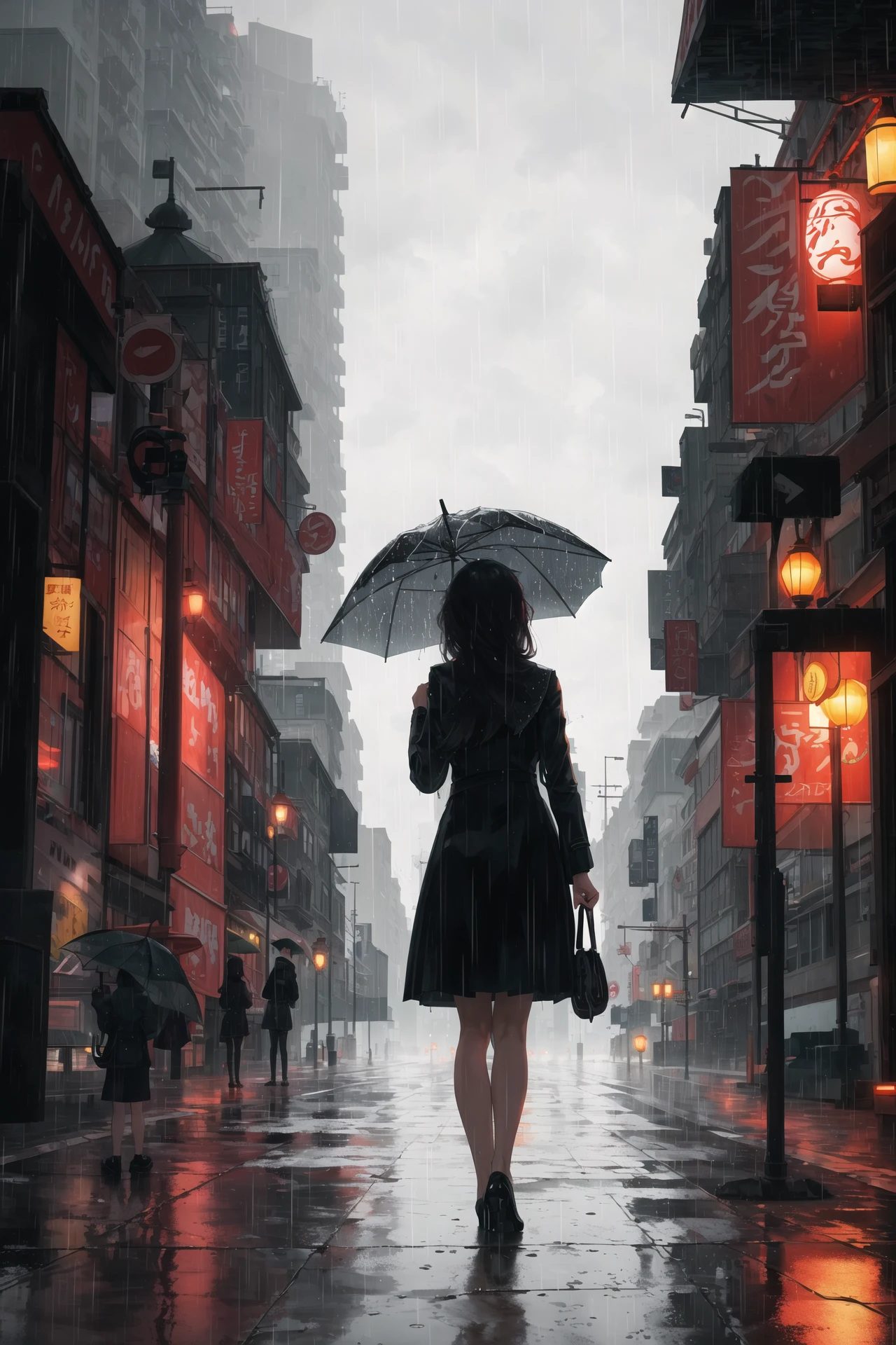 masterpiece,best quality,1girl, city,landscape,rain,umbrella,from behind