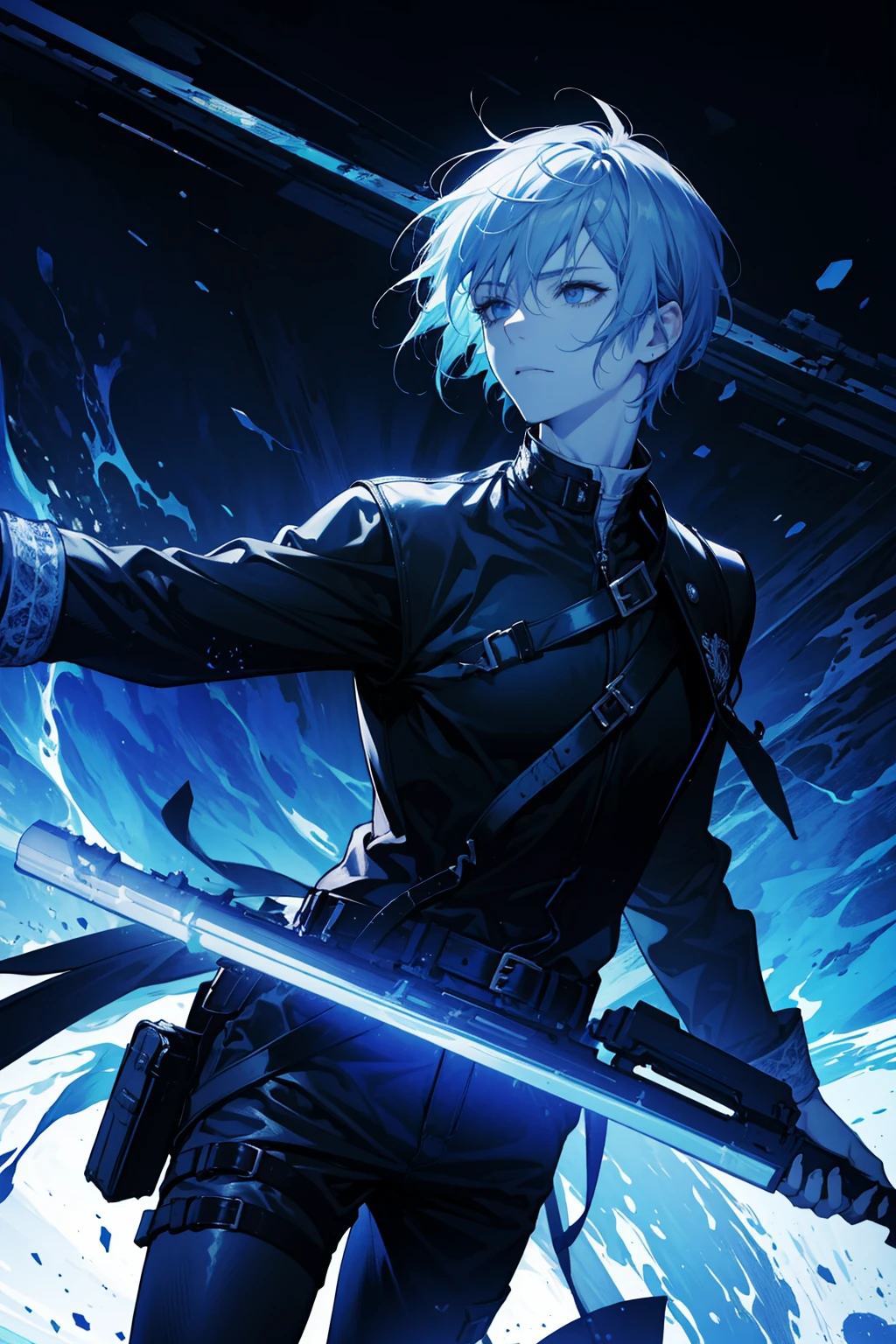 (absurdres, highres, ultra detailed), 1 male, adult, handsome, tall muscular guy, broad shoulders, finely detailed eyes, intricate details, very short hair, undercut, grunge, serious expression, big arms, dark, old leather jacket, white t-shirt, medieval dark leg armor pants, neon motion stream, glowing lights, Grenade Launcher weapon, bright white energy streams of lights, rim lighting, sf, Apocalypse, from above, (dutch angle), closed mouth