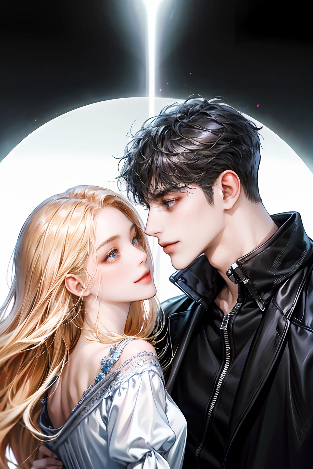 (absurdres, highres, ultra detailed), 2others, couple, 1boy with 1girl, Height difference, different hair color, upper body, from side, profile, simple background, white background, extremely detailed eyes, light smile, closed mouth, (face each other)