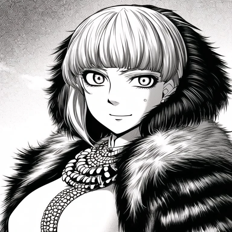<lora:otoyomegatari:1>, otoyomegatari, greyscale, monochrome, halftone, drawing, manga, asian, eye focus,  1girl, adapted costume, ahoge, alternate costume, black dress, blonde hair, breasts, dress, eyebrows visible through hair, fur coat, fur trim, hair between eyes, jewelry, large breasts, long sleeves, looking at viewer, necklace, short hair, smile, solo, v arms, yellow eyes