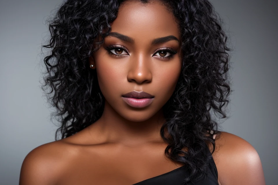 ebony woman, (to8contrast style), (Close-up portrait), open mouth, 8k RAW photo, highest quality, detailed hazel eyes, eye reflection, winged eyeliner, (looking at the viewer:1.3), best shadow, intricate details, interior, (bold hair:1.3), muted colors, high contrast style, glam shot, smoldering, (sultry:1.1), dof, bokeh, intense, languid, tempting, sensual, seductive, longing, yearning, smitten, dark photography studio, minimal lighting, deep shadows, stark contrasts, dramatic highlights, (black backdrop:1.2), dimples, fullness, plumpness, natural blue lips, bold color, alluring, captivating, striking, unforgettable, stunning, breath-taking, timeless beauty. (bare shoulders:1.2), headshot