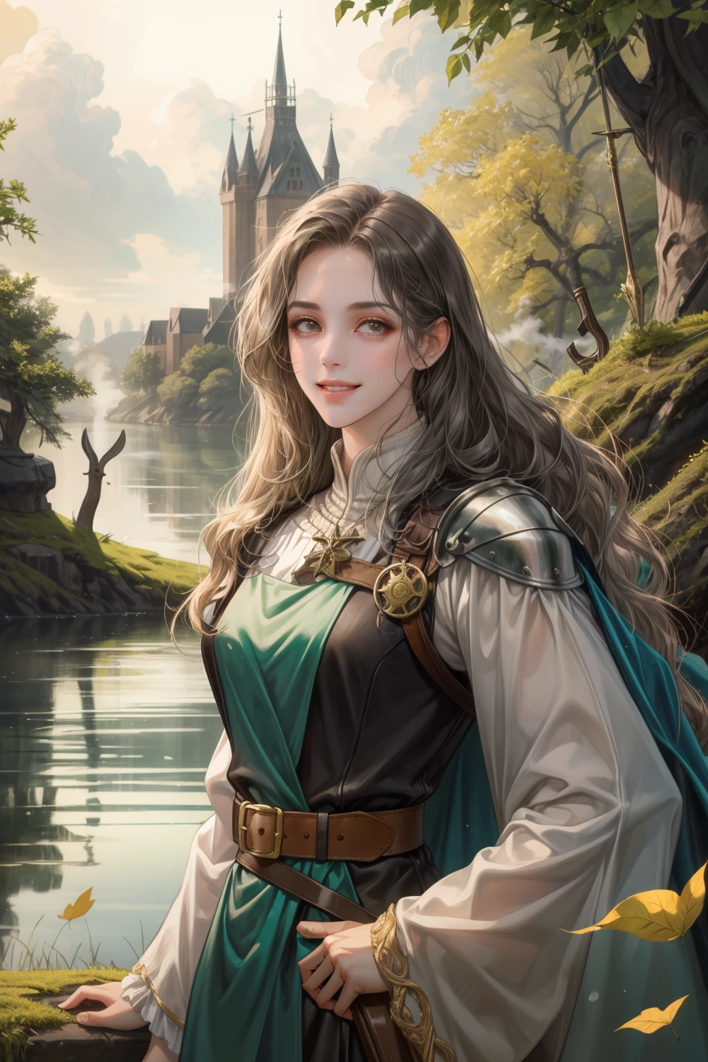 (absurdres, highres, ultra detailed), (1girl), solo, mature, aged up, (wavy long hair:1.3),  looking at viewer, solo, (full body:0.6), detailed background, detailed face, scout, light smile, dynamic pose, medieval fantasy setting, high fantasy, gray  leather clothes, cape,   puch,  belt, serene forest, bushes,    lake, oak trees, roots, moss, falling leaves, ferns,  birds,  wildlife,  crossbow,  mist,, dutch angle