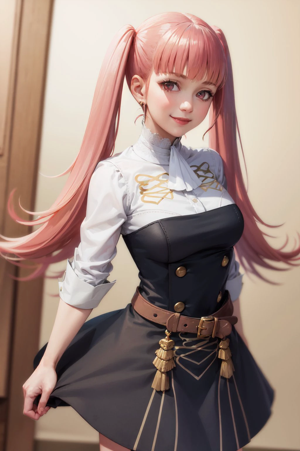 (masterpiece, best quality:1.2), <lora:fireemblem_hilda-10:1>, cowboy shot, solo, 1girl, hilda valentine goneril, smile, looking at viewer, twintails, hildauniform, blue thighhighs
