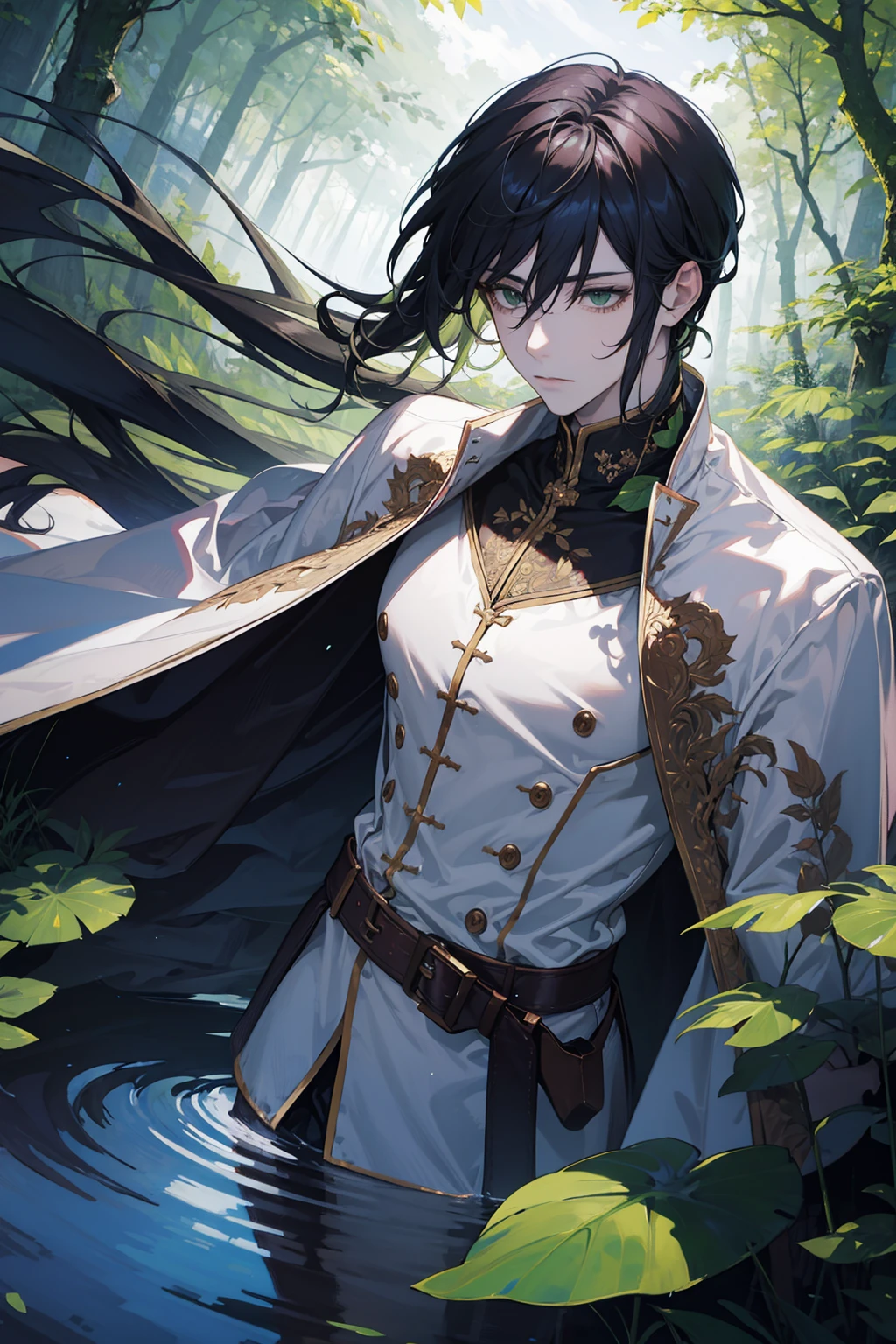 (absurdres, highres, ultra detailed), 1 male, adult, handsome, tall muscular guy, broad shoulders, finely detailed eyes, pink long hair, green eyes, white robe, forest, trees full of greenery, fluttering leaves, pond, natural light and shadow, There are shiny particles flying around the man, fantastic, fairy tale, mysterious, shining sparkle, (dutch angle), closed mouth