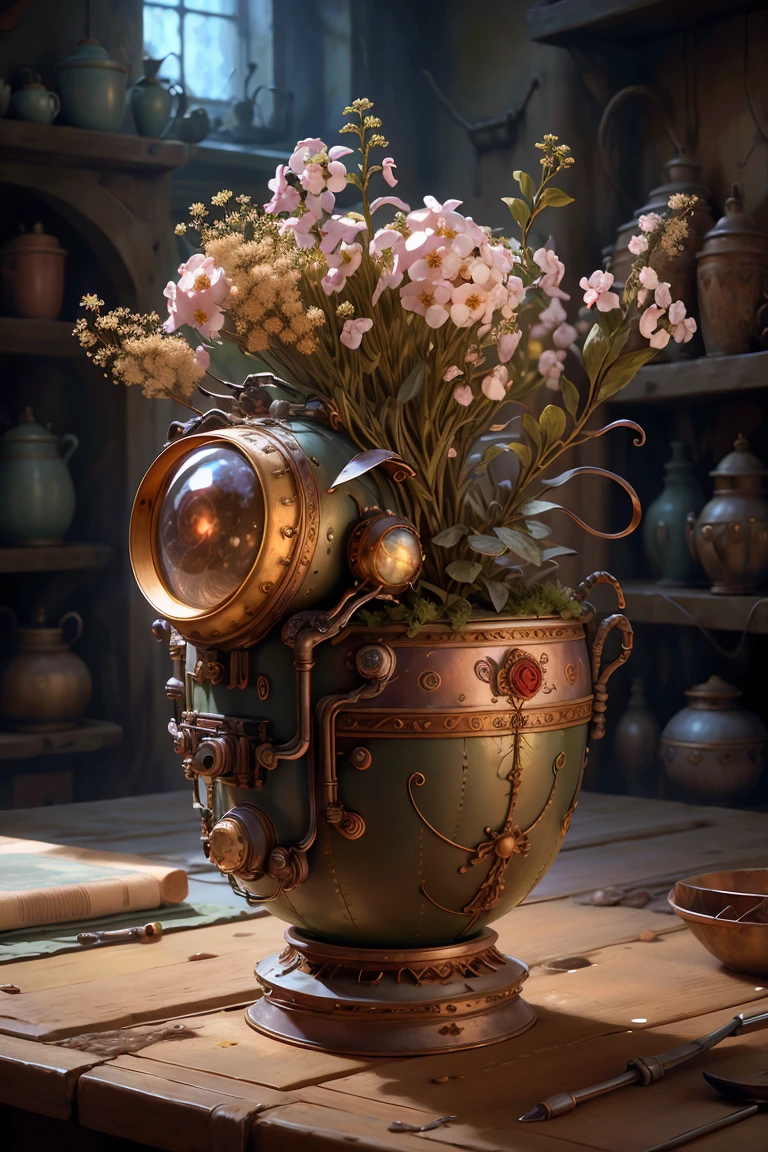 best quality, masterpiece, ultra high res, (photo realistic:1.4),surrealism, dream-like,
Gypsophila paniculata blossom in a pot, fantasy creature,
DieselPunkAI,  <lora:DieselPunkAI:0.9>