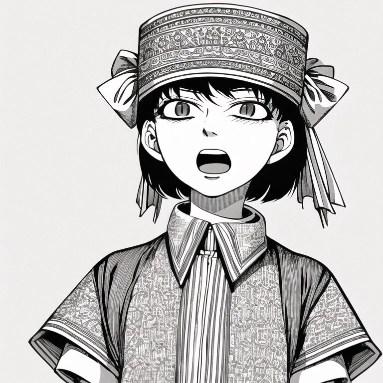 <lora:otoyomegatari:1>, otoyomegatari, greyscale, monochrome, halftone, drawing, manga, asian, eye focus, 1girl, bat, bat wings, blue hair, collared shirt, frilled shirt collar, frills, hat, highres, mob cap, one eye closed, open mouth, pink background, red eyes, shirt, short hair, short sleeves, simple background, solo, waist bow, wings, wrist cuffs