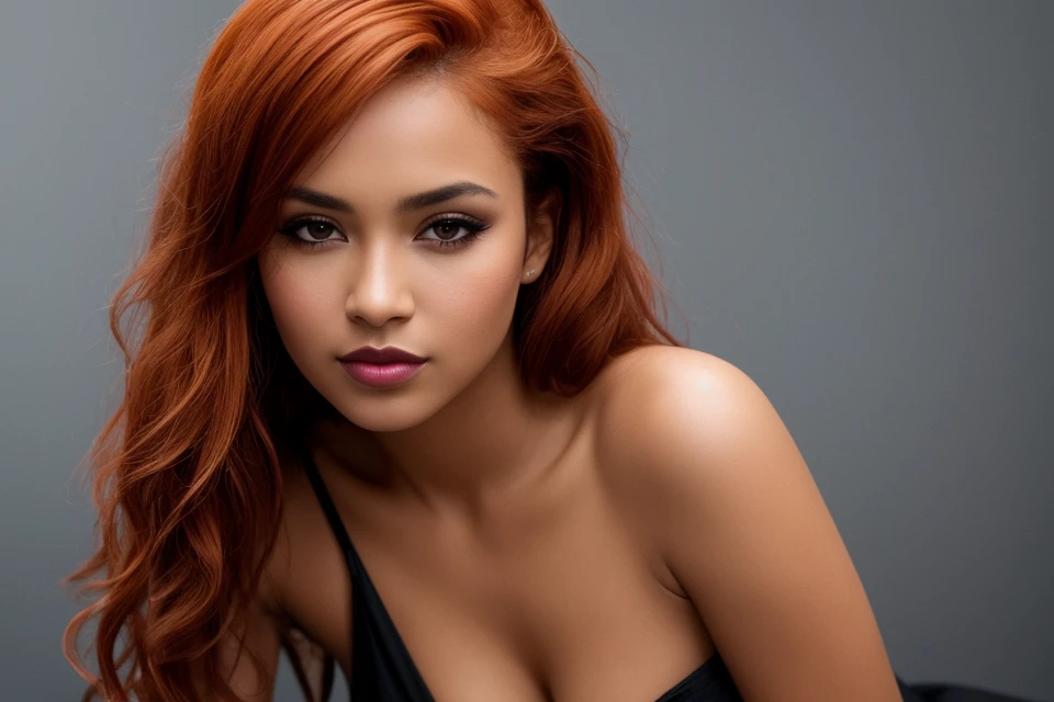 ebony woman, (to8contrast style), (Close-up portrait), open mouth, 8k RAW photo, highest quality, detailed hazel eyes, eye reflection, winged eyeliner, (looking at the viewer:1.3), best shadow, intricate details, interior, (short ginger hair:1.3), muted colors, high contrast style, glam shot, smoldering, (sultry:1.1), dof, bokeh, intense, languid, tempting, sensual, seductive, longing, yearning, smitten, dark photography studio, minimal lighting, deep shadows, stark contrasts, dramatic highlights, (black backdrop:1.2), dimples, fullness, plumpness, natural blue lips, bold color, alluring, captivating, striking, unforgettable, stunning, breath-taking, timeless beauty. (bare shoulders:1.2), headshot