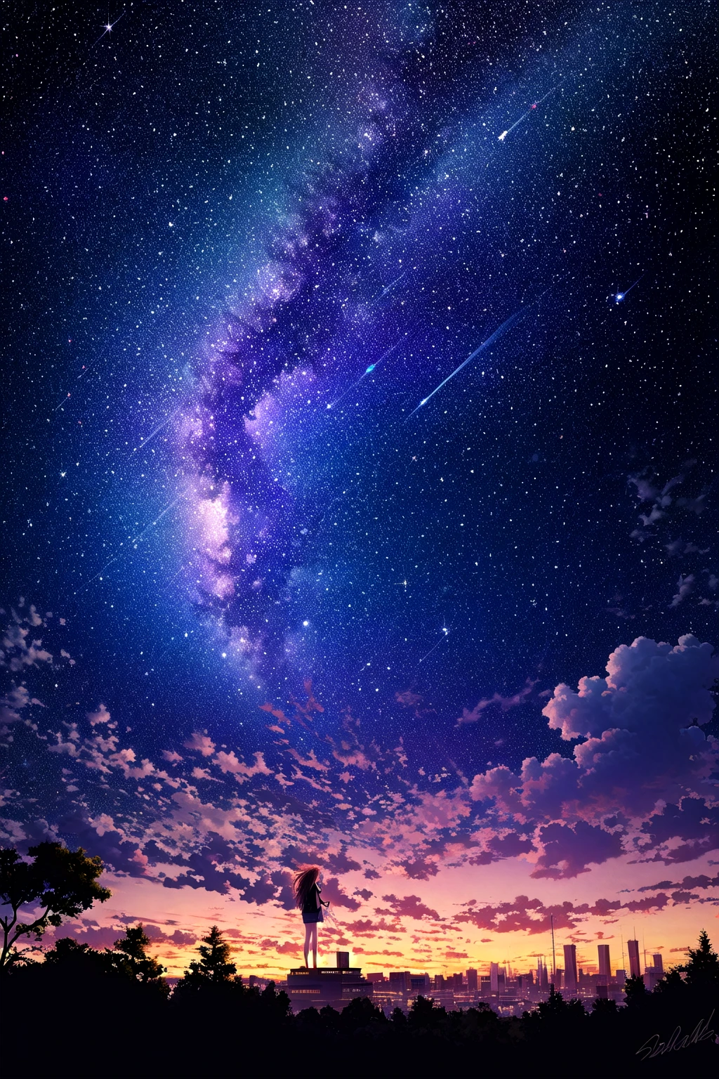 octans, sky, star (sky), scenery, starry sky, night, 1girl, night sky, solo, outdoors, building, cloud, milky way, sitting, tree, long hair, city, silhouette, cityscape <lora:octans-PYNOISE-LOHA:1>