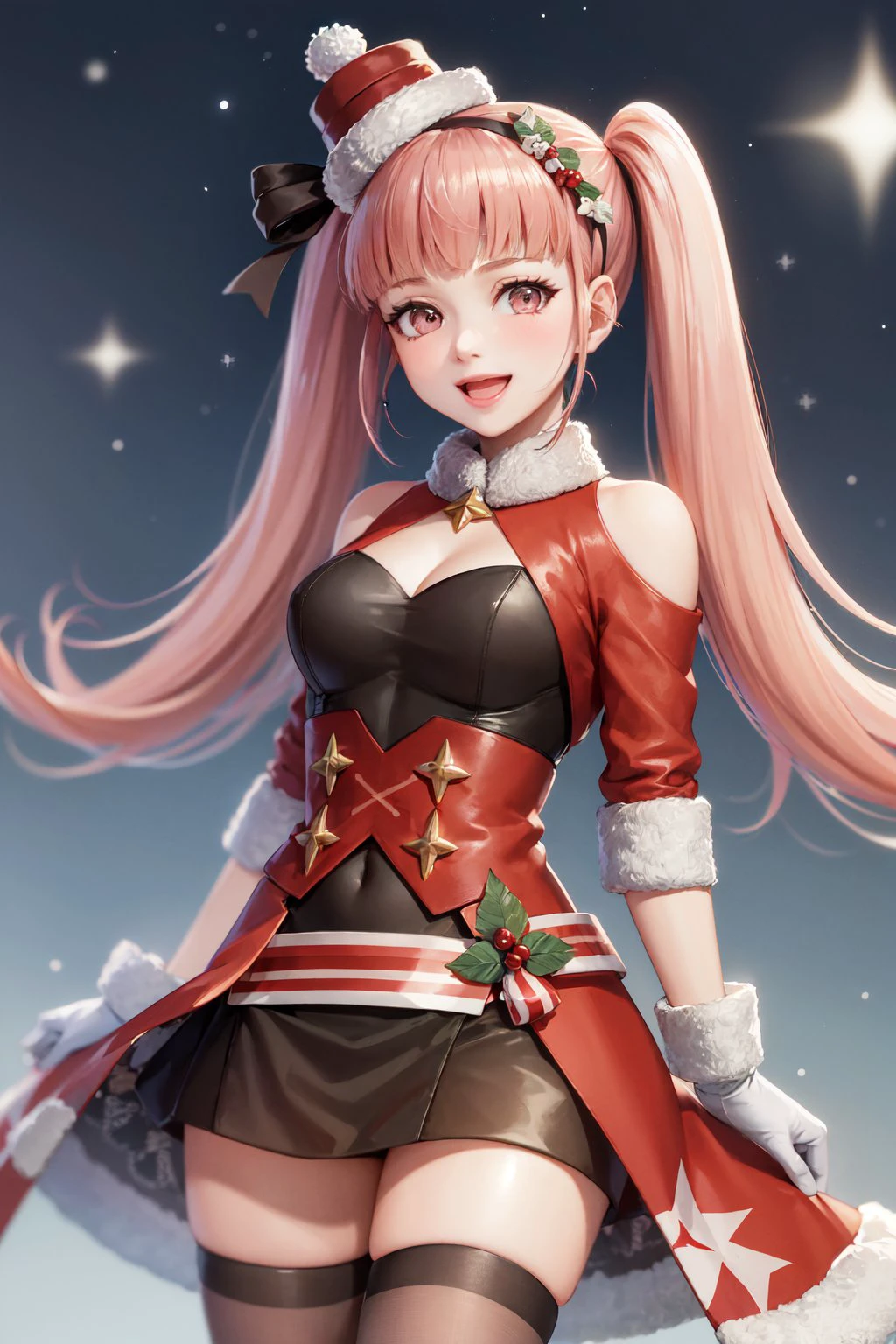 (masterpiece, best quality:1.2), <lora:fireemblem_hilda-10:1>, cowboy shot, solo, 1girl, hilda valentine goneril, smile, open mouth, looking at viewer, twintails, hair ornament, santa hat, hildaholiday, thighhighs, white gloves