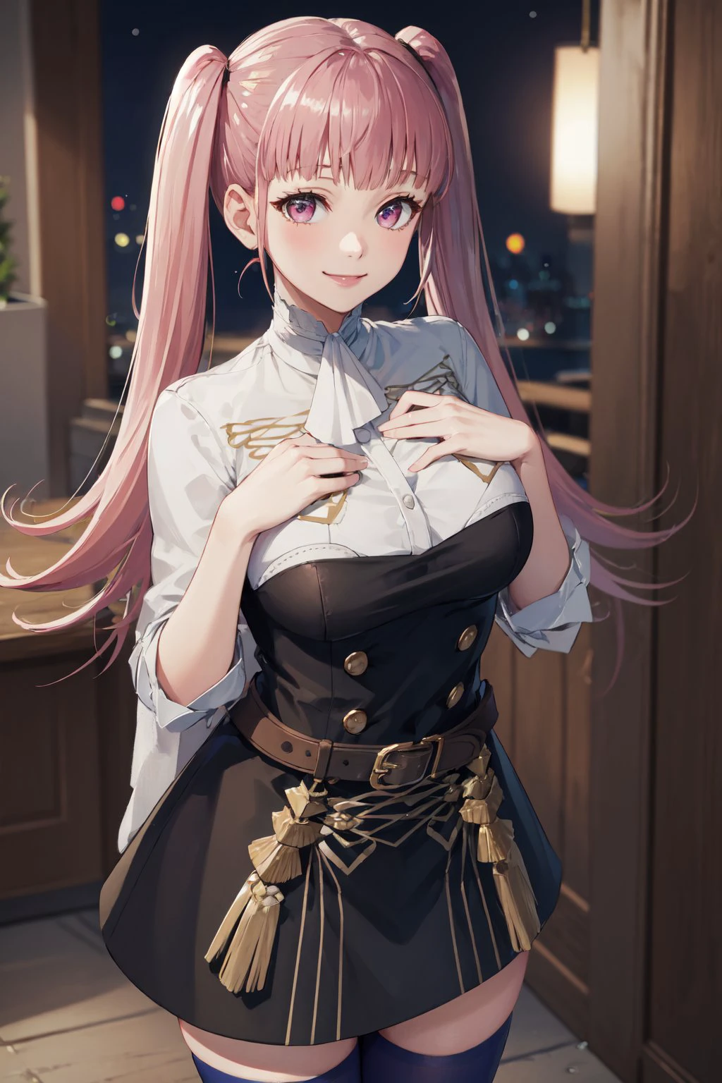 (masterpiece, best quality:1.2), <lora:fireemblem_hilda-10:1>, cowboy shot, solo, 1girl, hilda valentine goneril, smile, looking at viewer, hand on own chest, twintails, hildauniform, blue thighhighs