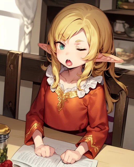 <lora:EtrianV2:1>
an elf in a pajamas yawning sleepily at the kitchen table