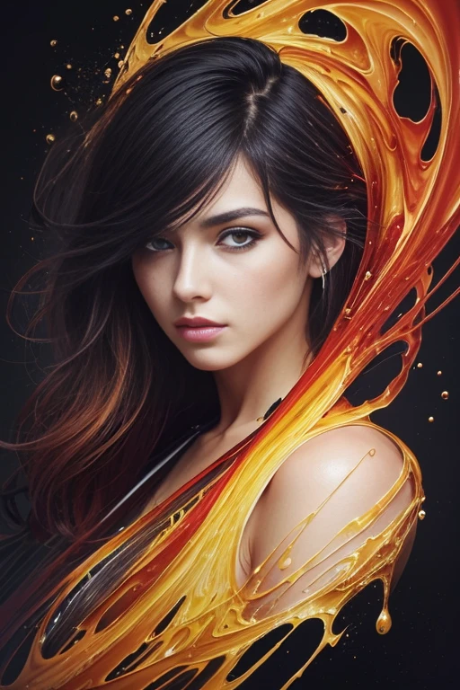 a digital painting of a beautiful attractive woman naked covered in spiral of splashing liquid fire red jumpsuit , a hyperrealistic painting, figurative art, in red paint, red orange liquid, character is covered in fire liquid, fantasy art ,elegance pose, beautiful round breasts, large breasts ,medium close up shot, lighting clear and soft effect , black background