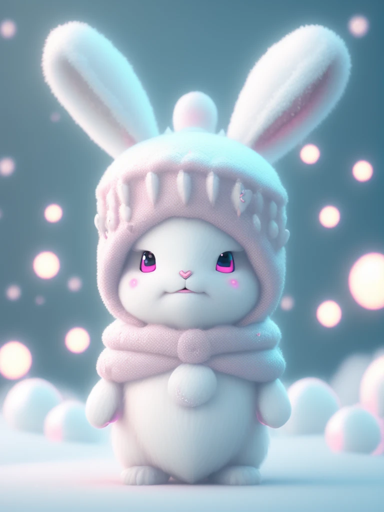 <lora:CuteAnimalsWearingKnitWoolHats:1>Front view, 3D, in a winter season, small and cute anthropomorphic white rabbit cub, wearing a pink glowing fisherman's hat, wearing a glowing colorful school uniform, full body, standing, symmetrical ears, bright big eyes, sweet smiling face, holding glowing marshmallow, Christmas scene, fluffy snow, complex furry details, soft movie lighting, 8k, portrait, Pokmon animation style, octane rendering, rendering in the Unreal engine, high quality